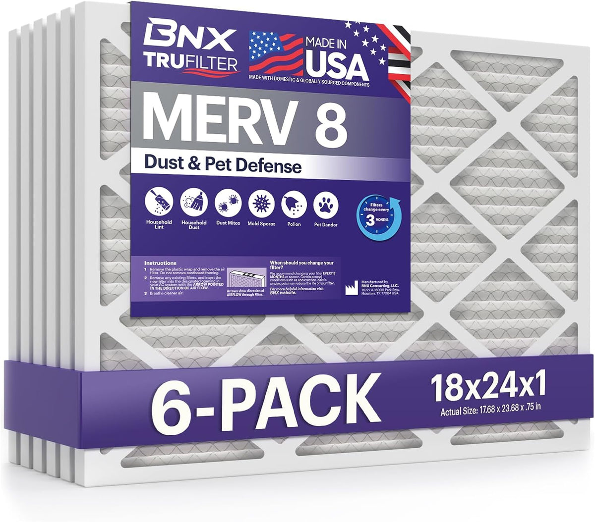 BNX TruFilter 18x24x1 Air Filter MERV 8 (6-Pack) - MADE IN USA – Dust & Pet Defense Electrostatic