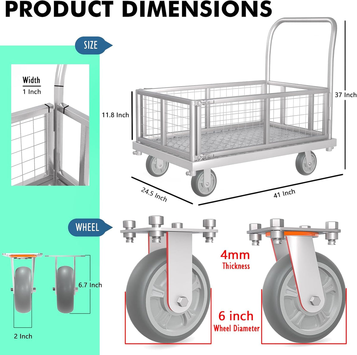 4-in-1 Platform Truck Cart with Cage, Multi-Purpose Heavy Duty Steel Flatbed Cart with 2200lbs