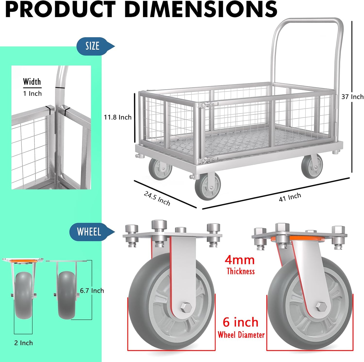 4-in-1 Platform Truck Cart with Cage, Multi-Purpose Heavy Duty Steel Flatbed Cart with 2200lbs