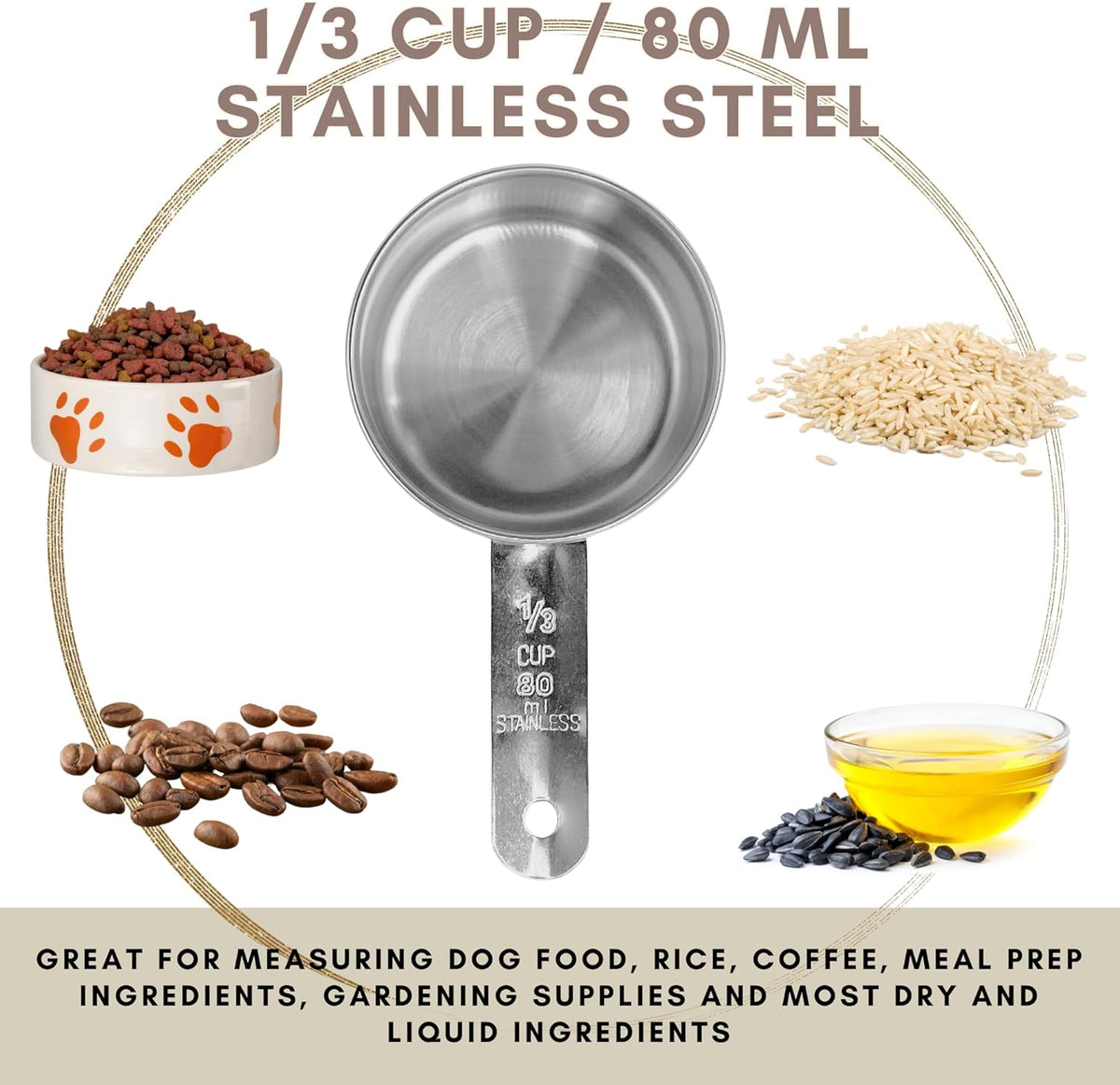 1/3 Cup Stainless Steel Measuring Cup | Sturdy Metal 80 ml | 80 cc | 3 oz | Single Cup for Wet and