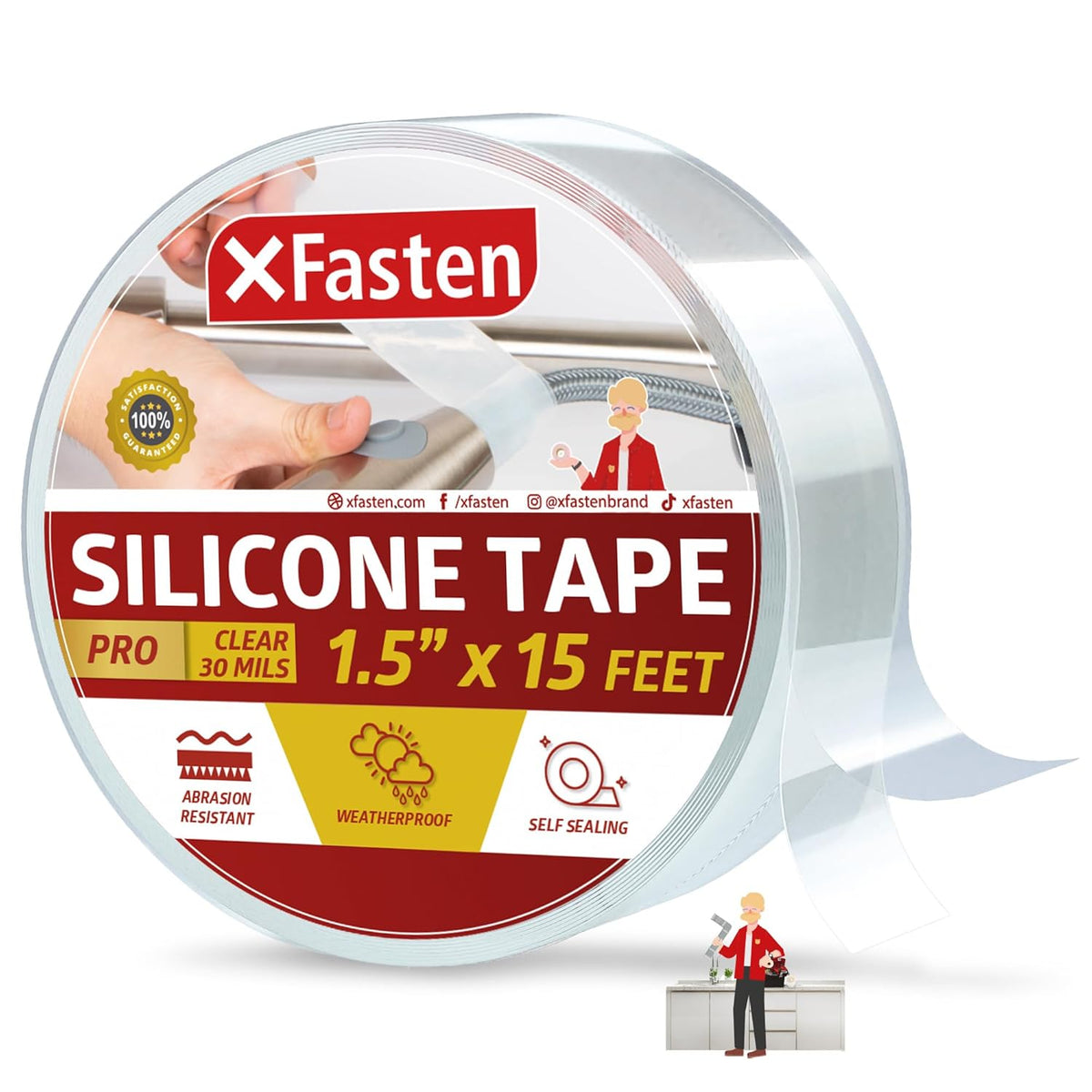 XFasten Self-fusing Silicone Tape Pro, Clear, 1.5-Inch x 15-Feet, 30mils Extreme Silicone Repair