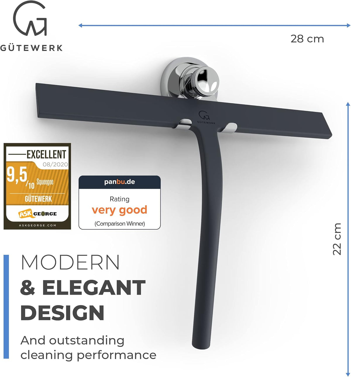 GÜTEWERK Shower Squeegee for Glass Doors, Silicone Window Squeegee, Bathroom and Glass Cleaning
