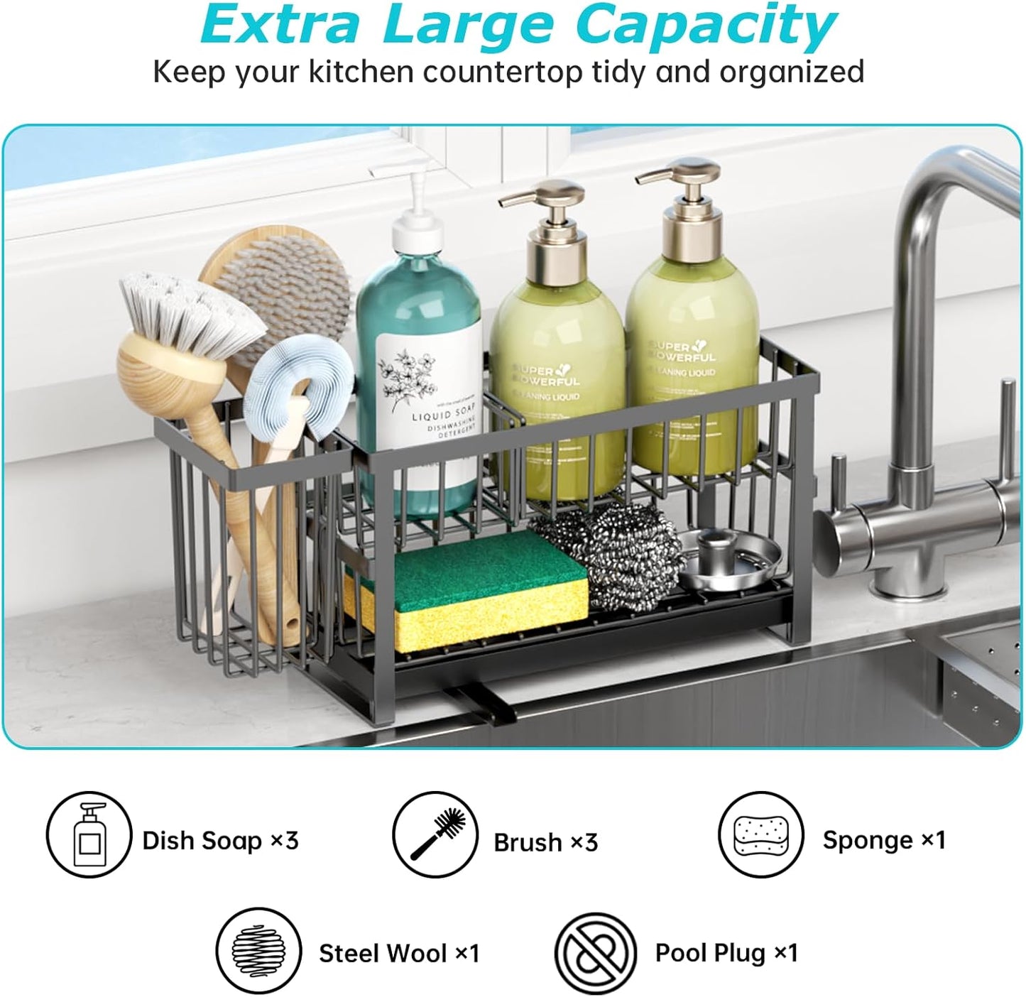 Sponge Holder for Kitchen Sink, 2 Tier Sink Caddy Organizer Countertop with Dish Brush Holder and