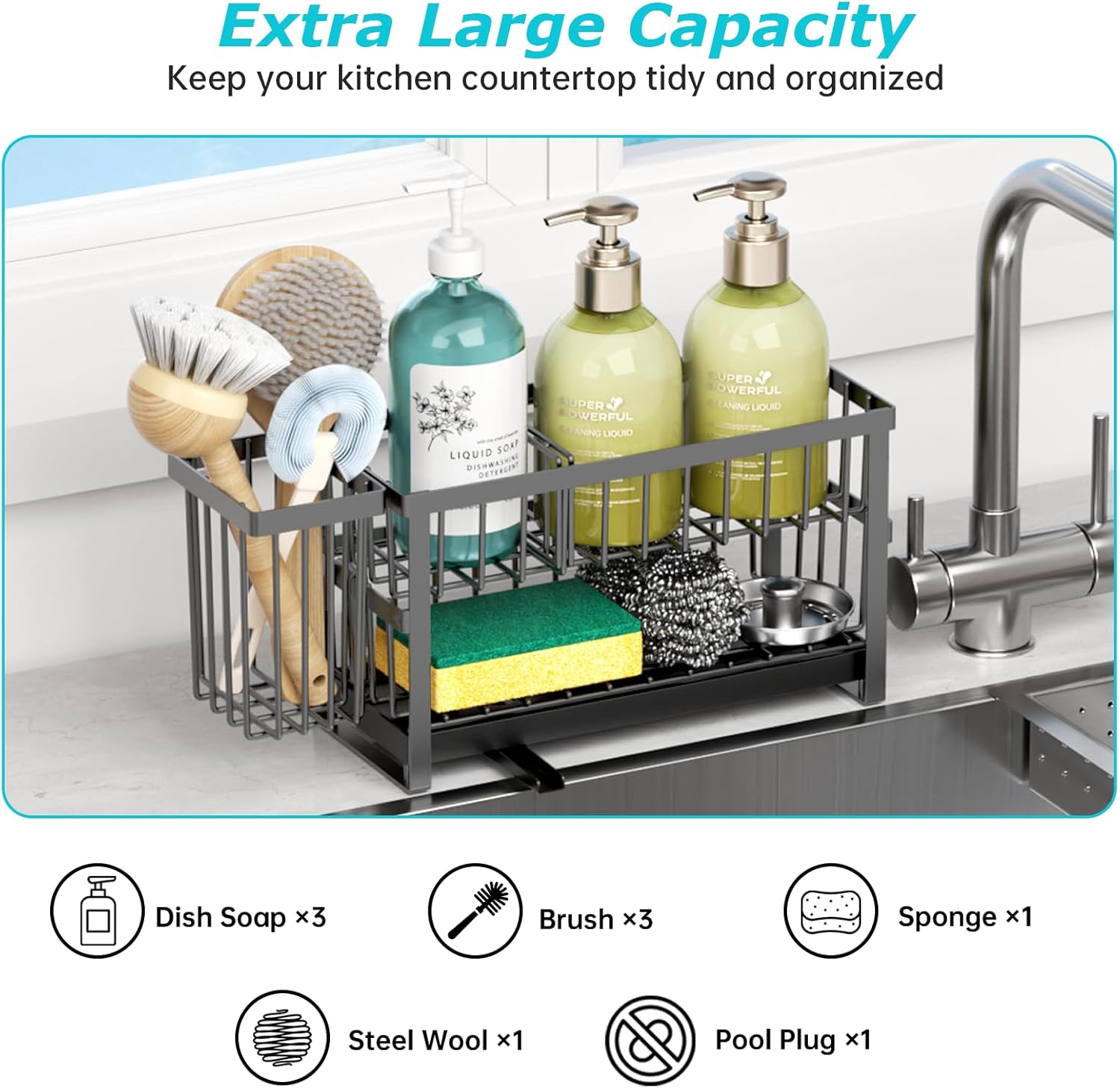 Sponge Holder for Kitchen Sink, 2 Tier Sink Caddy Organizer Countertop with Dish Brush Holder and