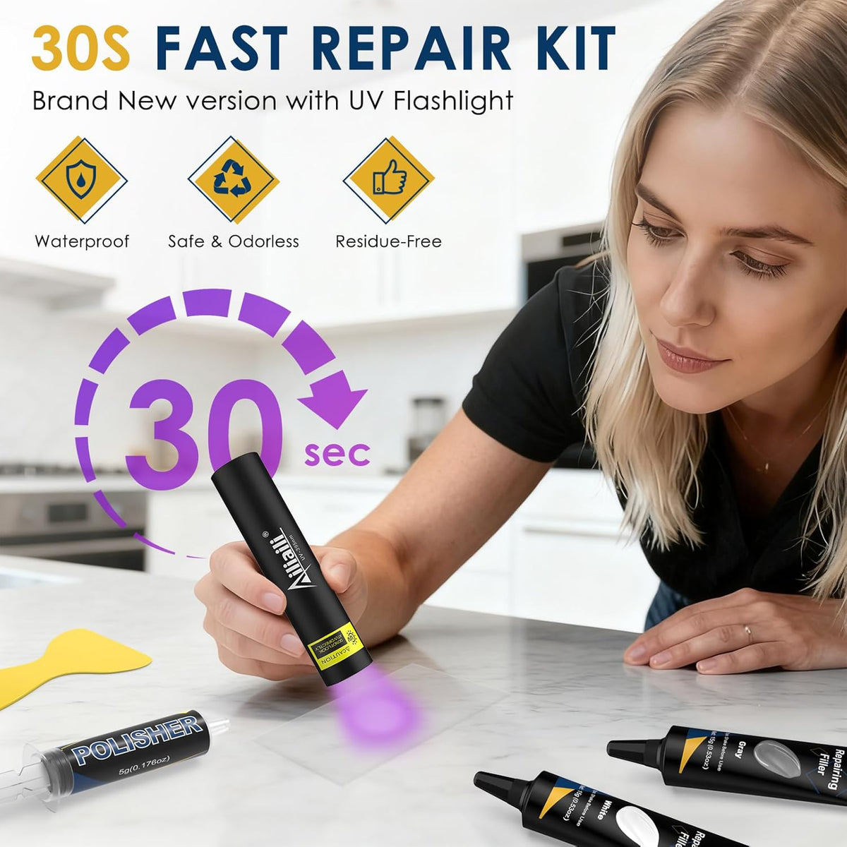 Quartz Countertop Repair Kit, Granite & Marble Repair Kit with 4*15g Filler(White,Beige