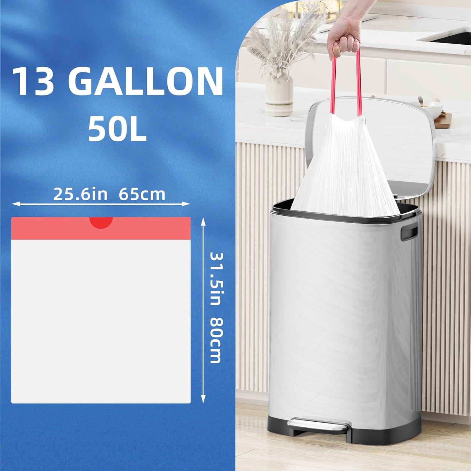 13.2 Gallon Tall Kitchen Drawstring Trash Bags, 200 Count Pre-separated Garbage Bags, Unscented