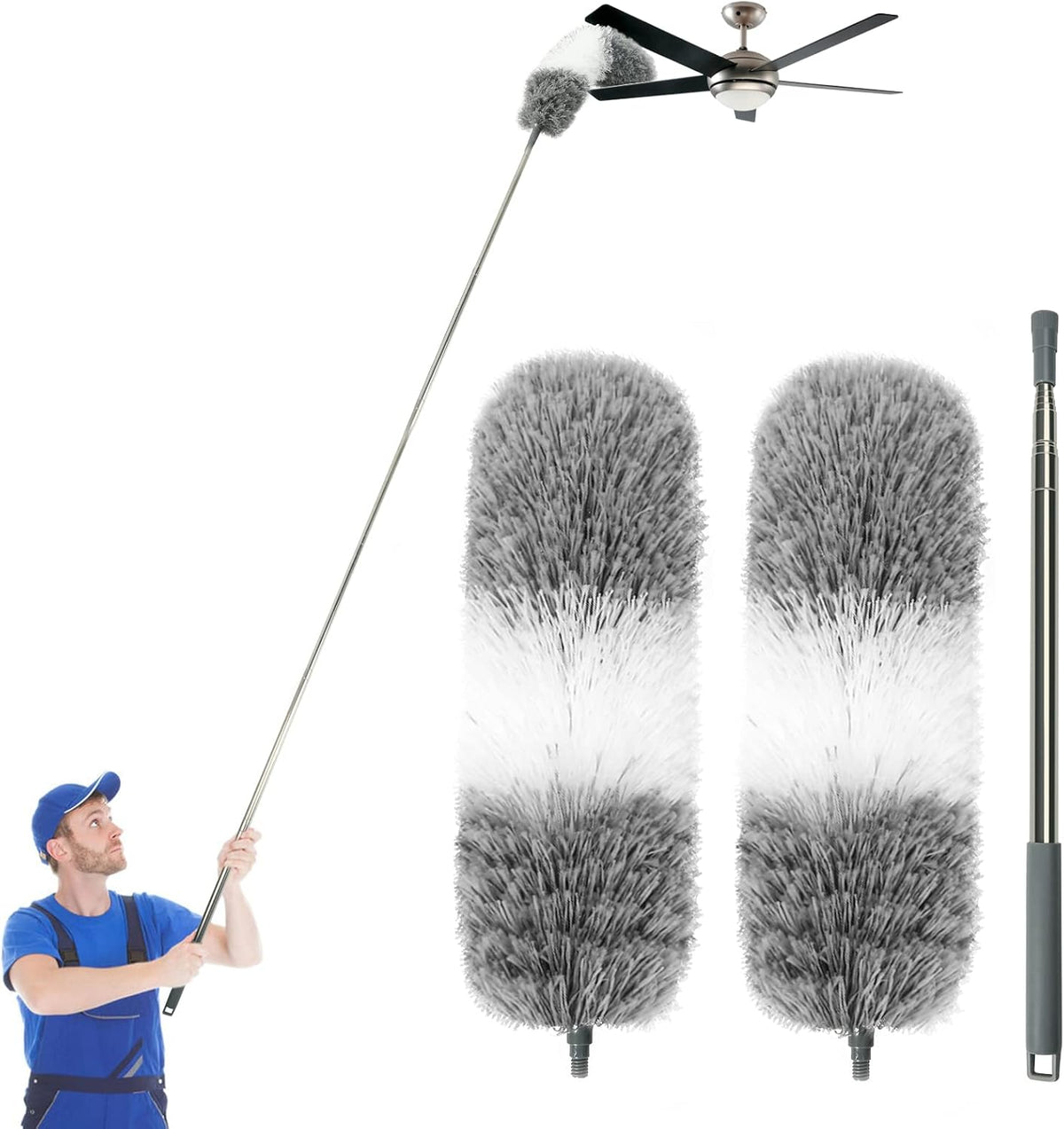 Microfiber Feather Dusters for Cleaning, Extendable Duster with 110" Extension Pole & 2pcs