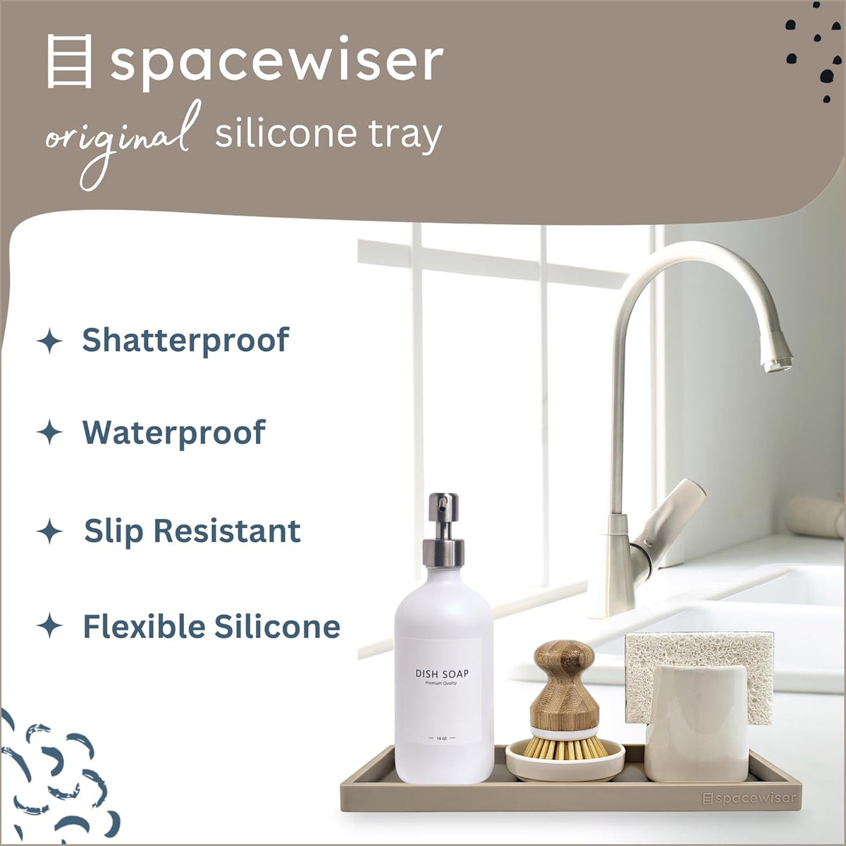 Countertop and Vanity Tray - 11.7" Silicone Bathroom Tray, Flexible Dish Soap Holder for Kitchen