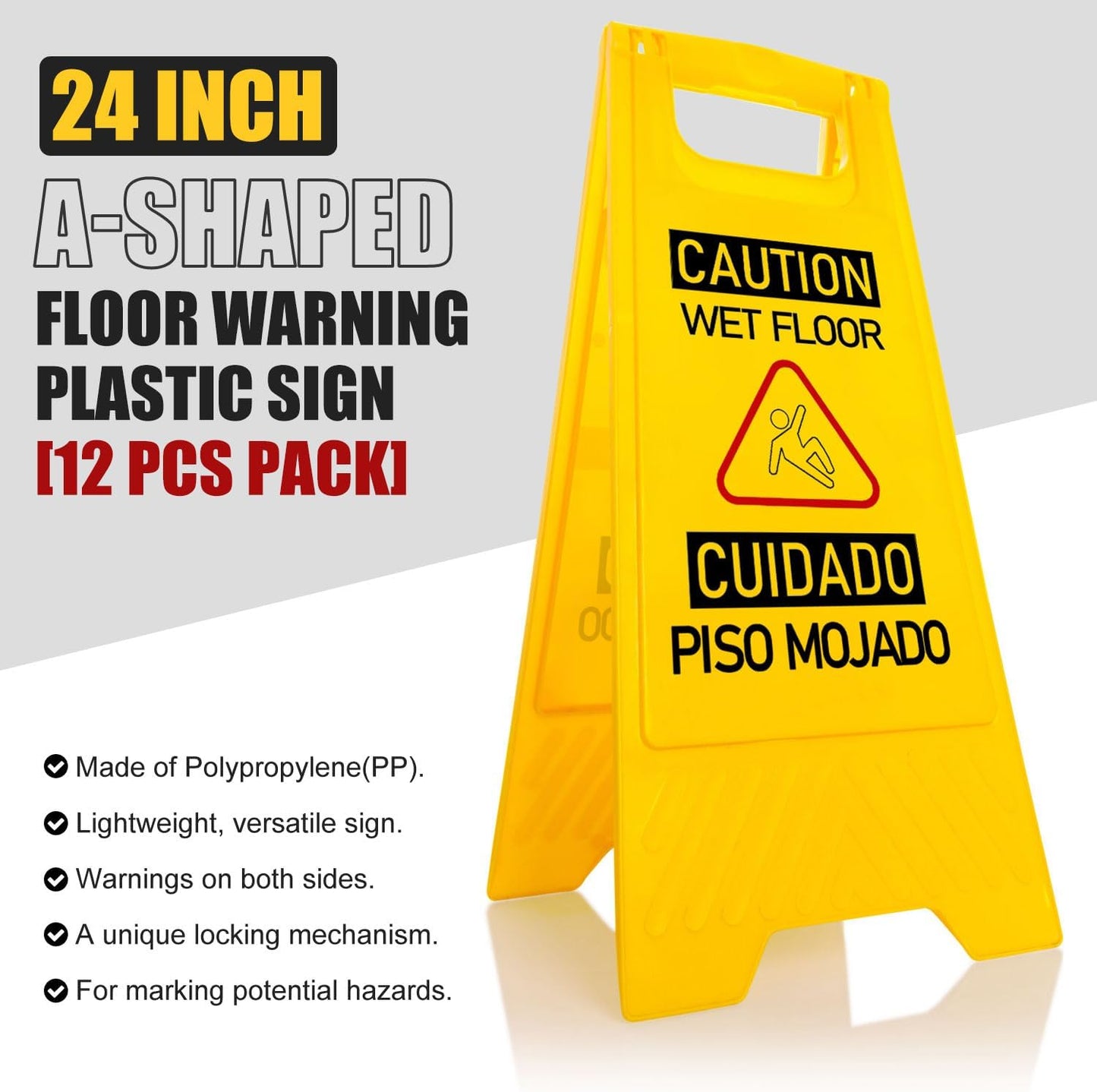 12-Pack Bilingual Caution Wet Floor Signs, A-Frame Double-Sided Warning Signs for Indoor & Outdoor