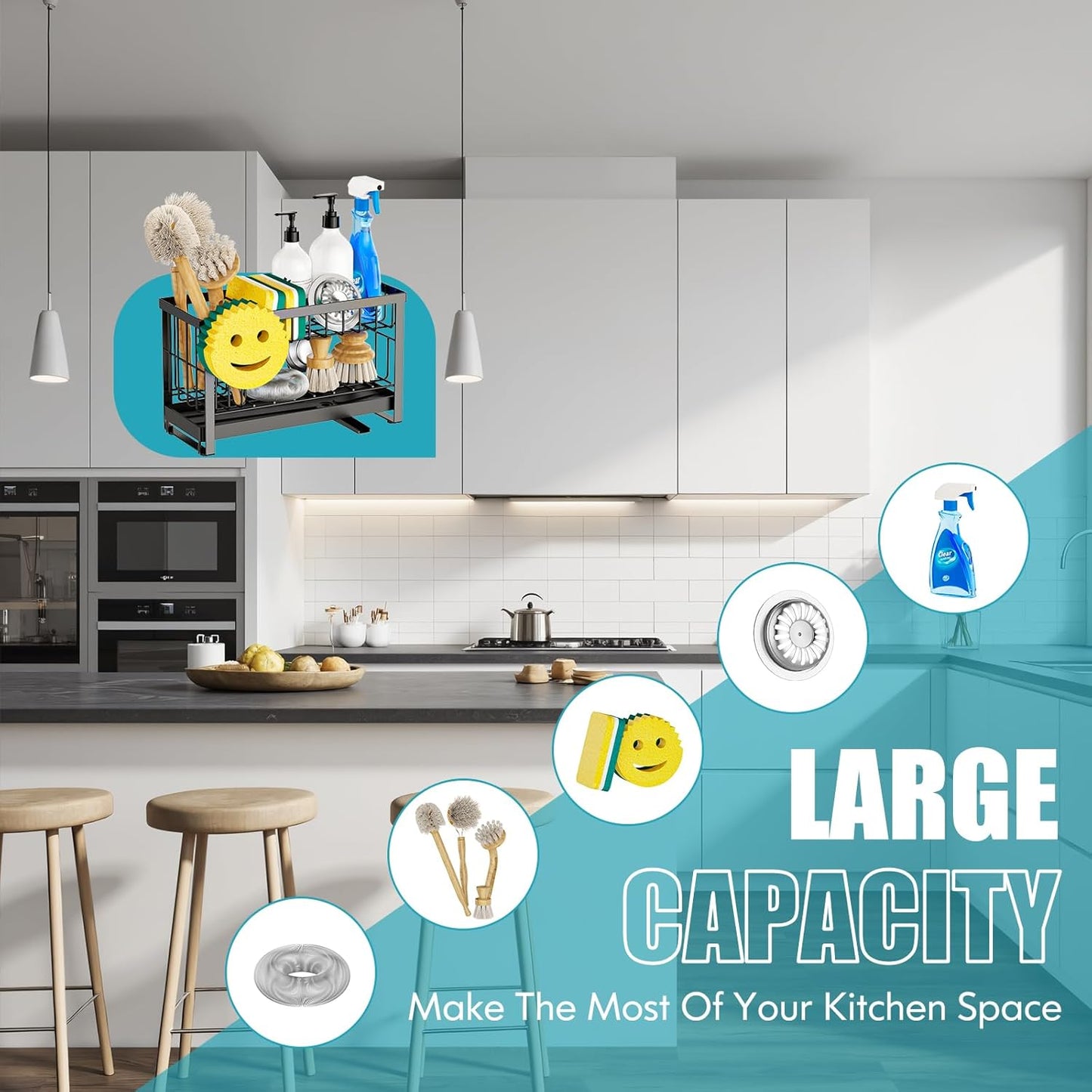Sponge Holder for Kitchen Sink with Flexible Sink Caddy Smiley Face,2 Tier Kitchen Sponge Holder