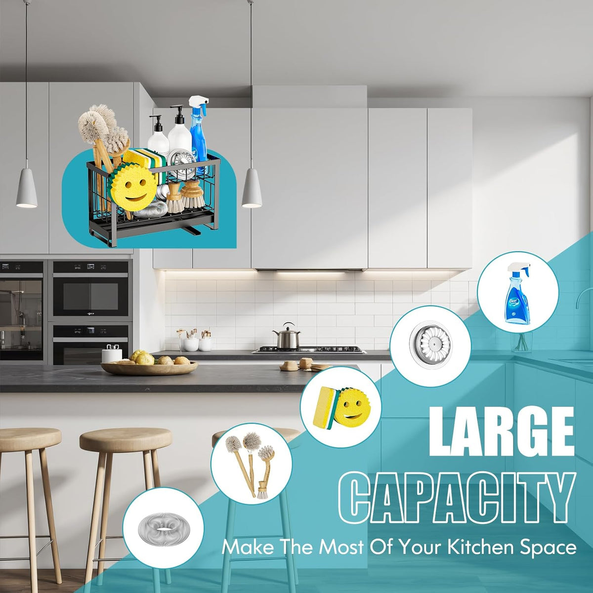 Sponge Holder for Kitchen Sink with Flexible Sink Caddy Smiley Face,2 Tier Kitchen Sponge Holder