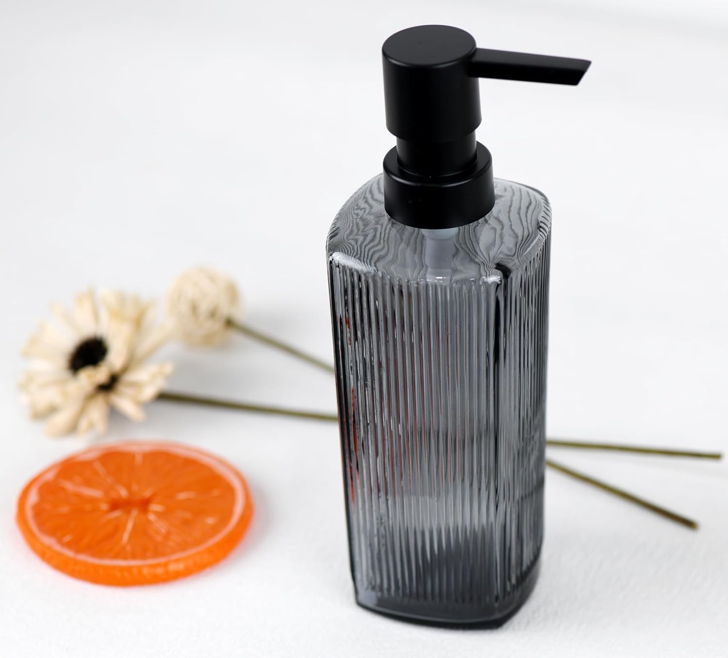 12 oz Glass Soap Dispenser with Vertical Stripe with Black Plastic Rustproof Pump, Small Refillable