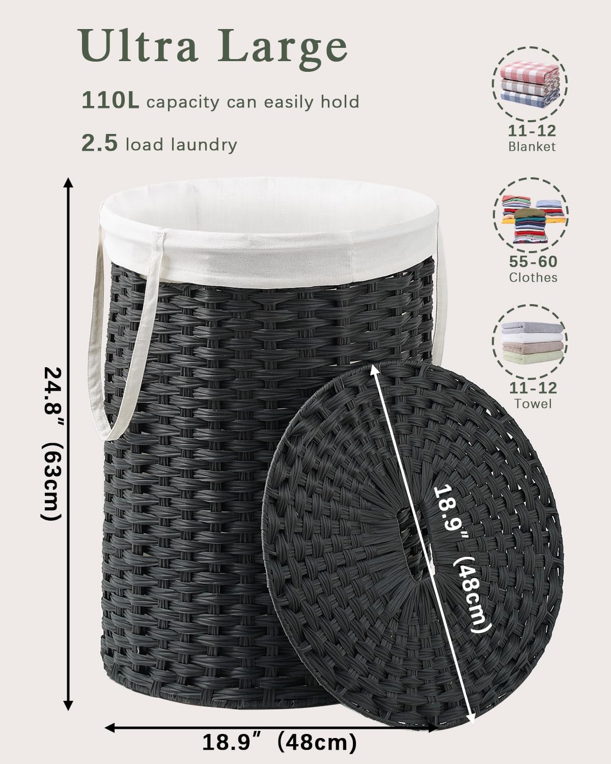 Laundry Basket with Lid Round Rattan Laundry Hamper with Lid and Handles 29.1 Gal (110 L) Handwoven