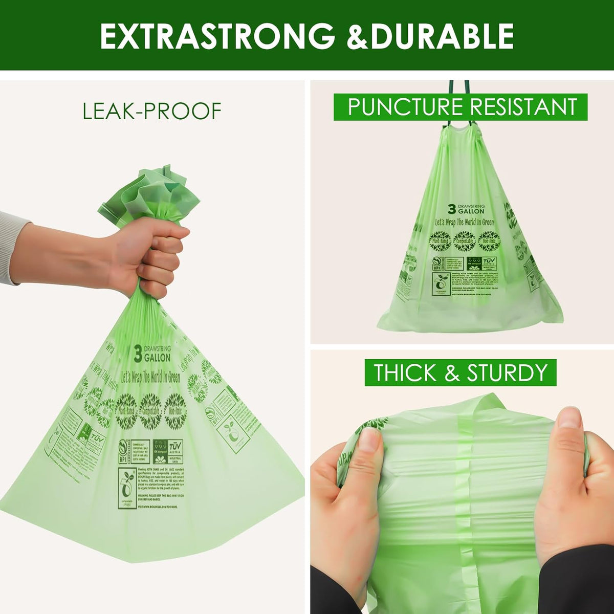 3 Gallon Compostable Trash Bags with Drawstring, Heavy Duty Extra Thick 1 Mil, 11.36 Liter, 50