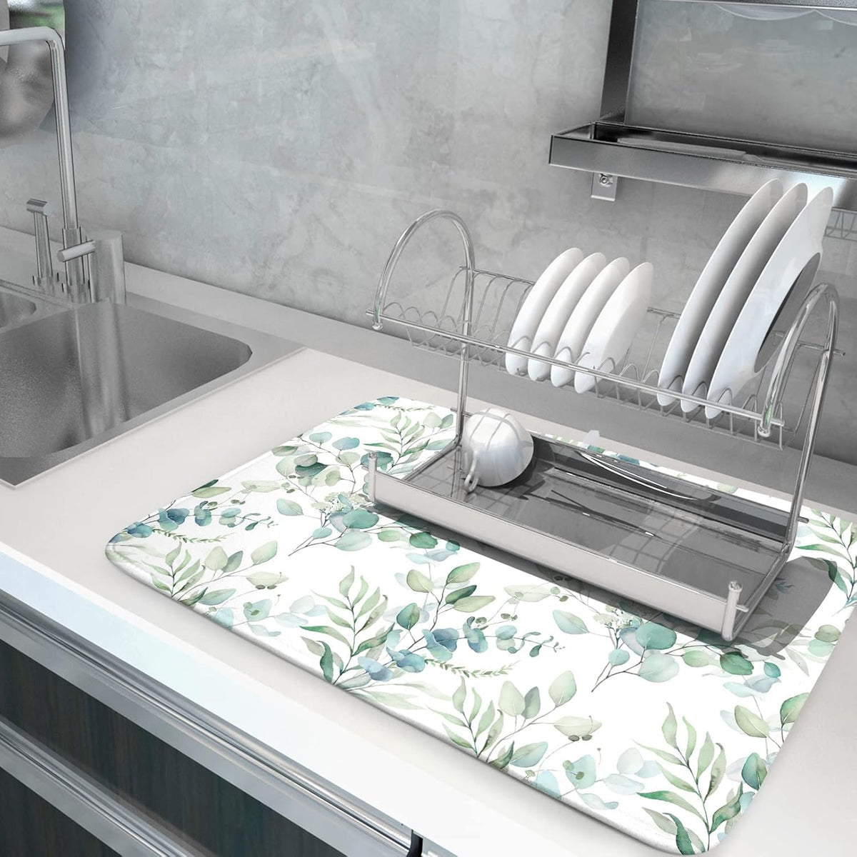 Sage Green Leaves Dish Drying Mats for Kitchen Counter 18x24 Inch, Leaves Kitchen Drying