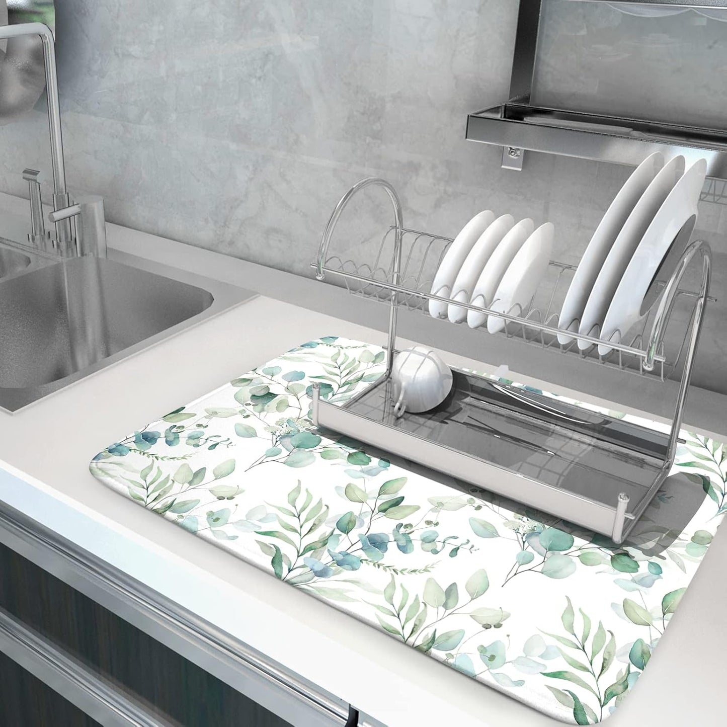 Watercolor Sage Leaves Dish Drying Mats for Kitchen Counter 16x18 Inch,Spring Leaves Kitchen Drying