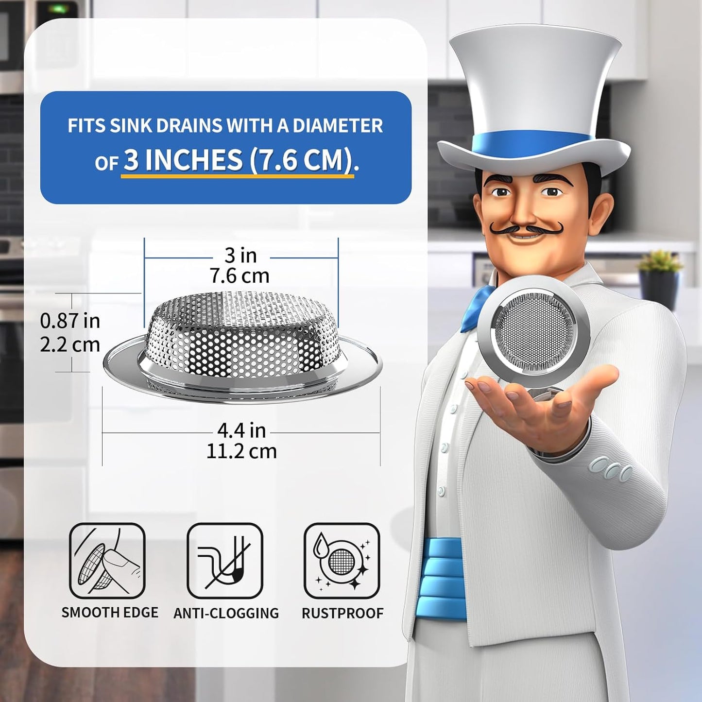 MR.SIGA Kitchen Sink Strainer, Stainless Steel Sink Drain Strainer, Dishwasher Safe, Outer Diameter