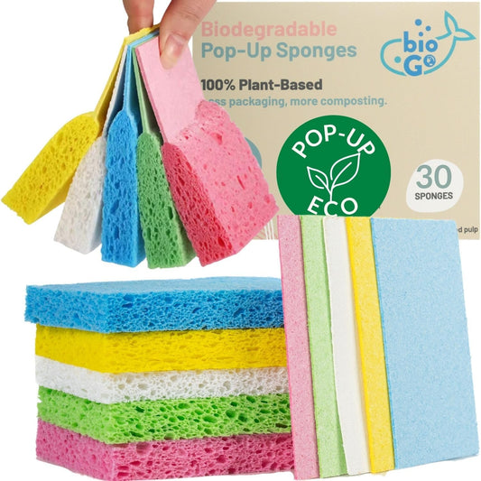 bioGo 30 Pack Compostable Pop-Up Sponges - Expanding, Non-Scratch, Plant-Based Dish Sponges - Bulk
