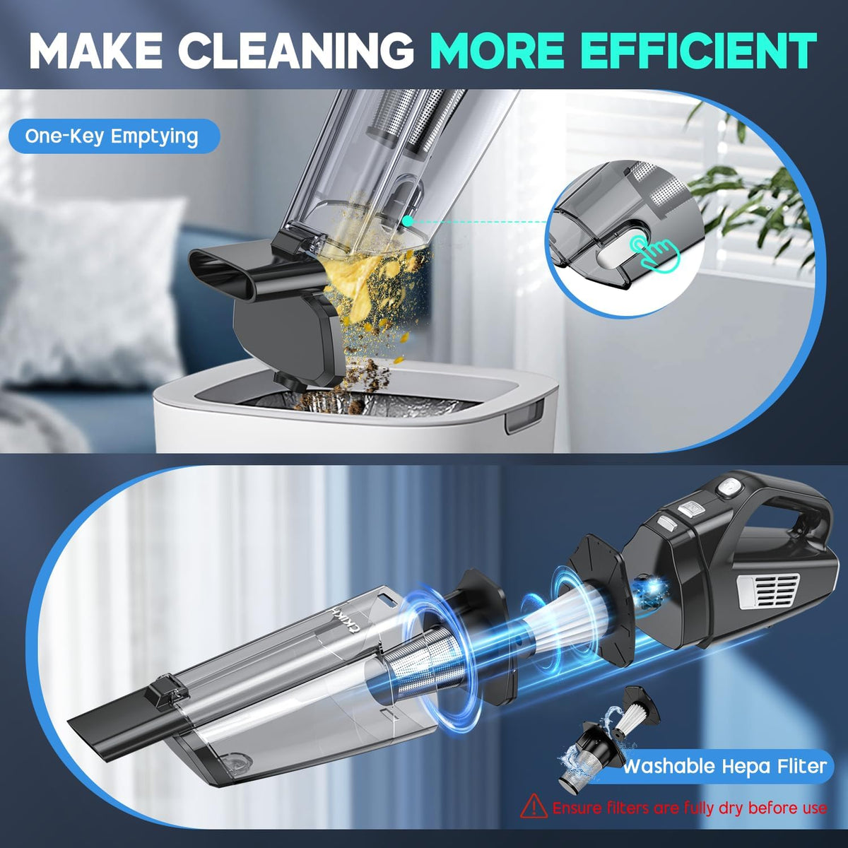Handheld Vacuum Cordless, 15000PA Strong Suction Hand Held Car Vacuum Cleaner Portable with