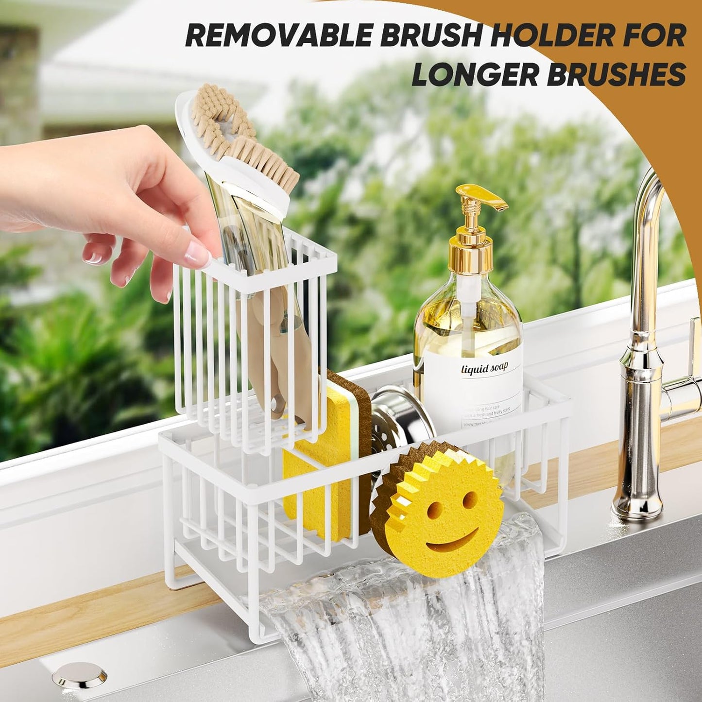 Sponge Holder for Kitchen Sink,Smiley Face Sink Caddy with Removable Brush Holder,Self-Draining