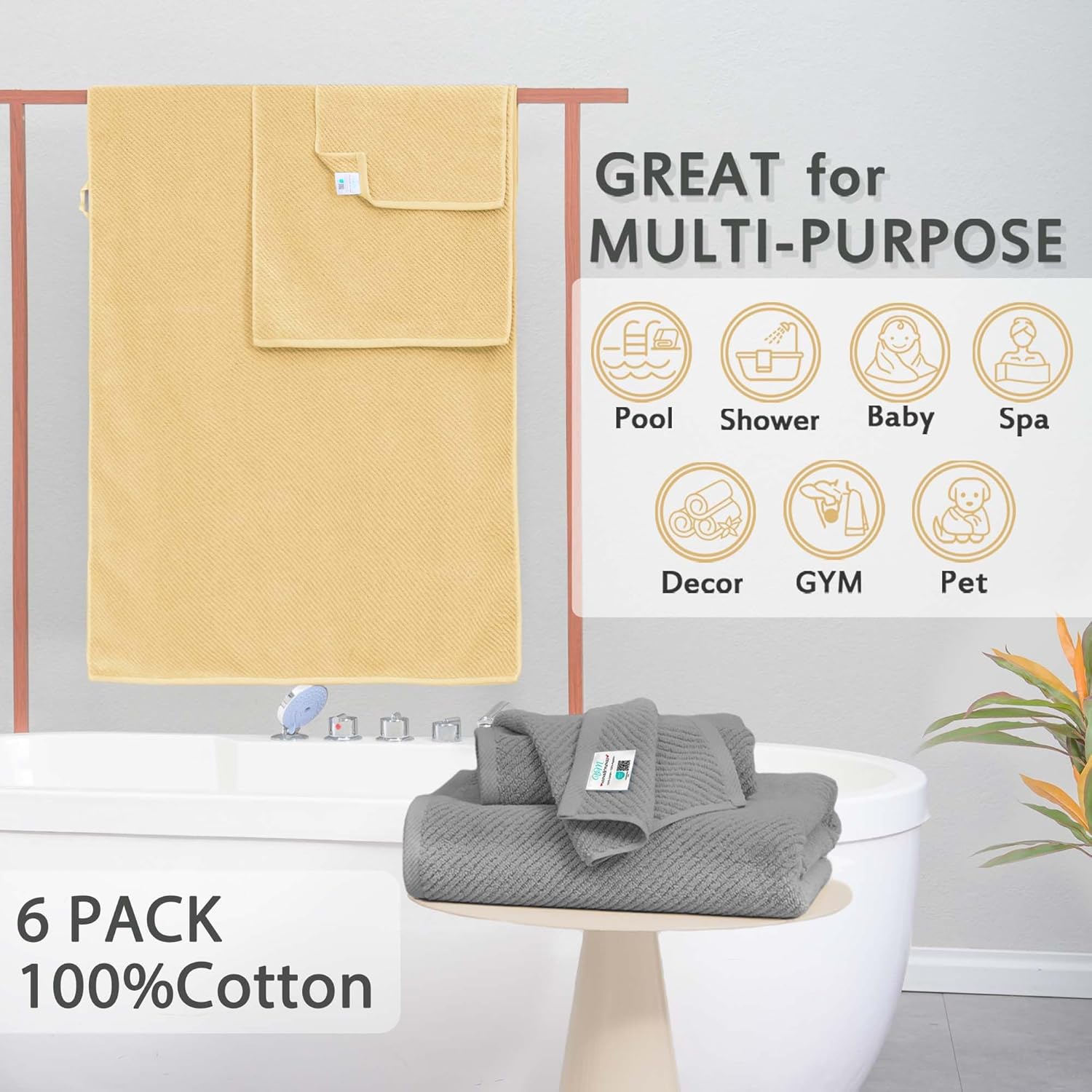 VOOVA & MOVAS Towels for Bathroom, Bath Towels with Hanging Loop - 100% Cotton | Soft | Quick Dry |