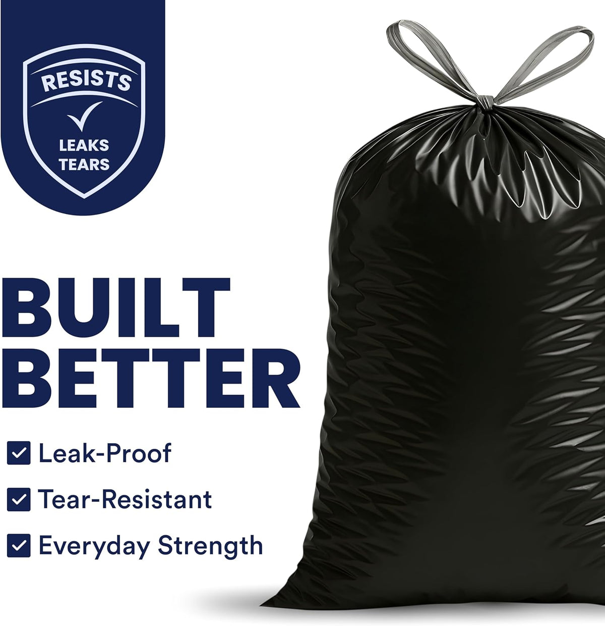 Plasticplace 13 gallon Extra Tall Drawstring Kitchen Trash Bags | Black 1.2 Mil, 24"W x 31"H