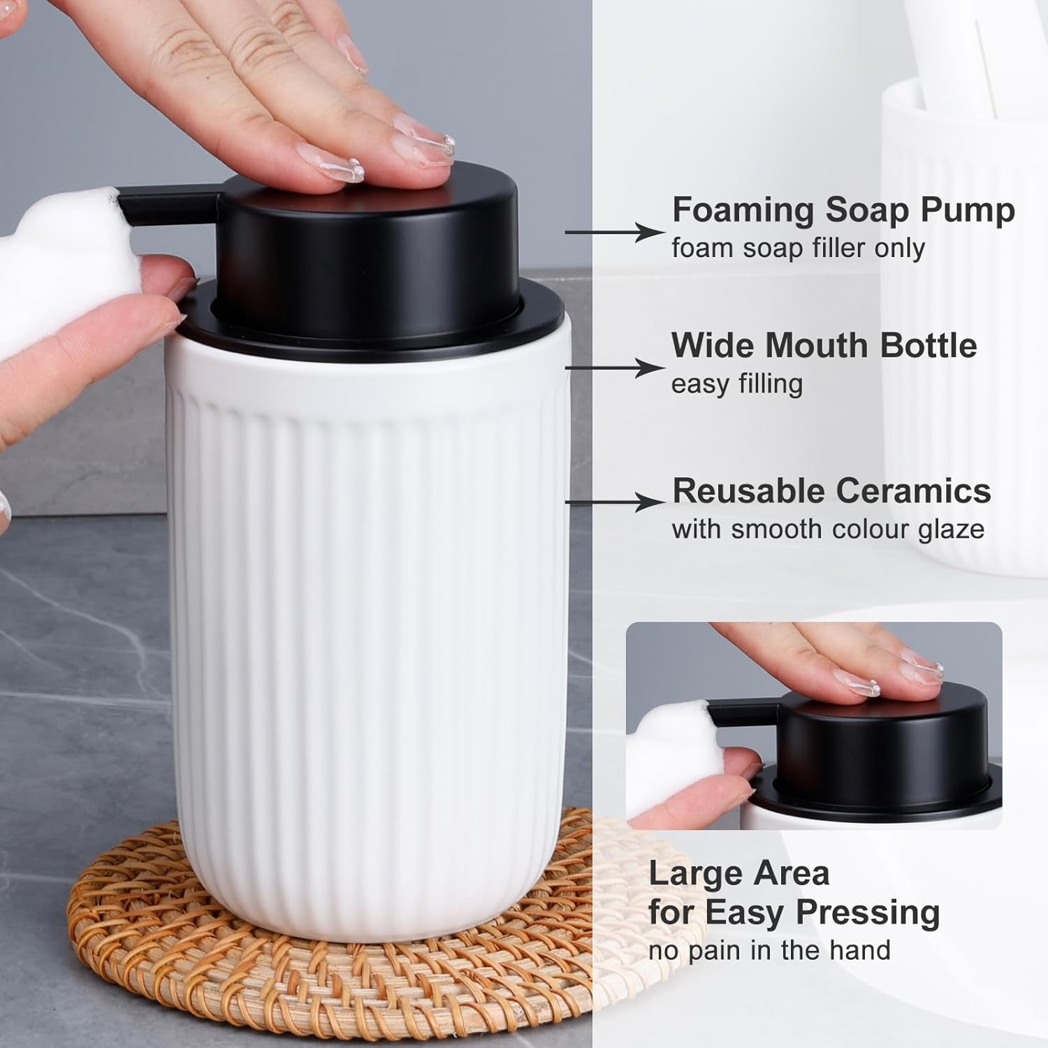 BosilunLife Foam Hand Soap Dispenser - White Ceramic Foaming Soap Dispenser for Bathroom 12oz