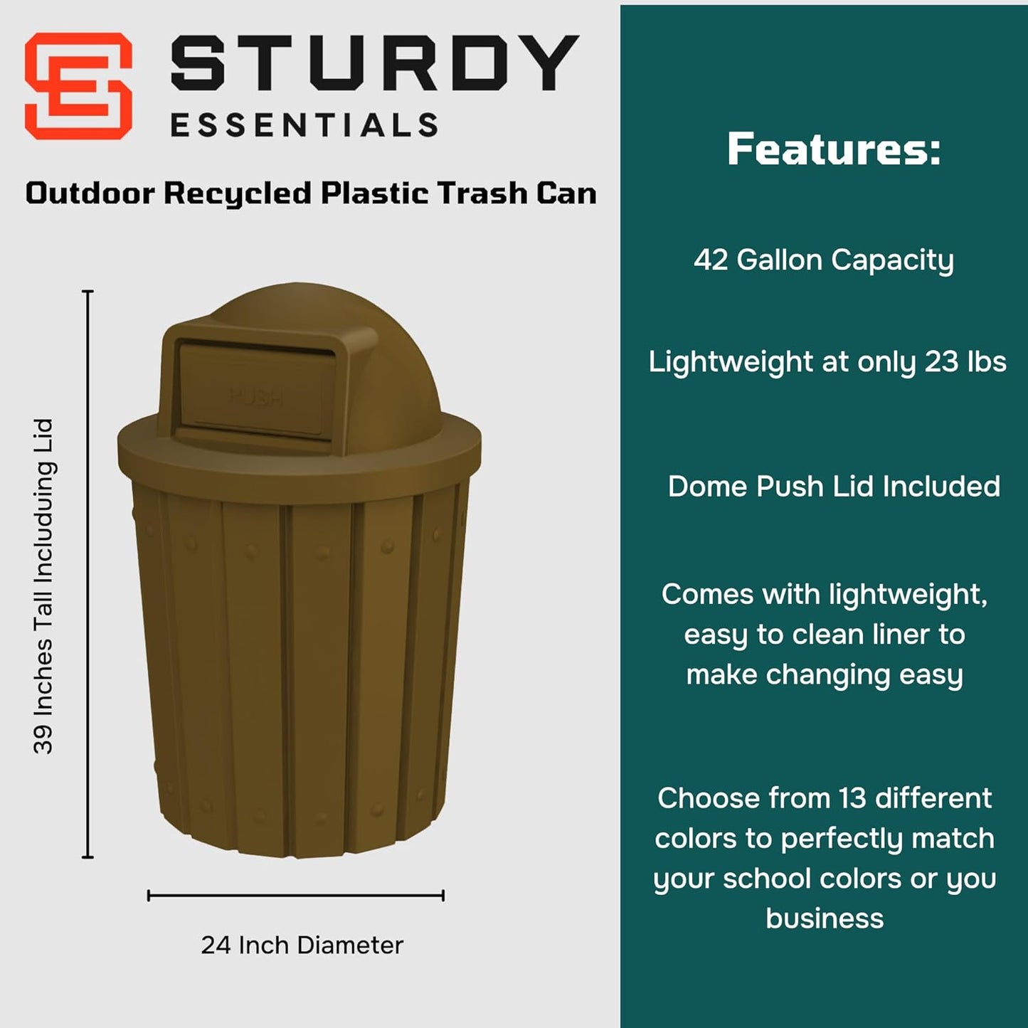 42 Gallon Slated Circle 100% Recycled Plastic Heavy Duty Outdoor Trash Can with Push Open Dome Lid