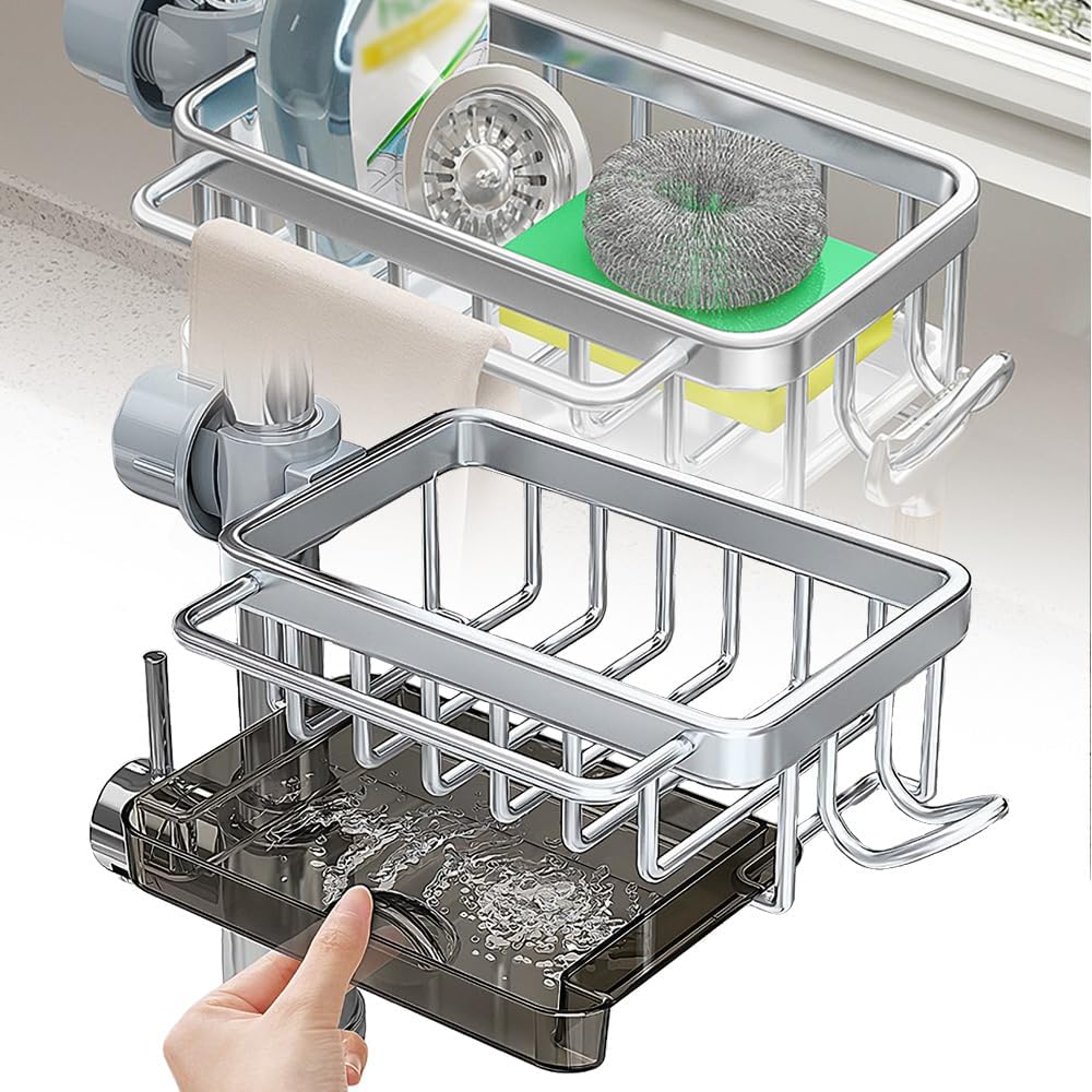 Sink Organizer Rack for Kitchen and Bathroom, 2024 New Kitchen Sink Faucet Organizer with Drip Tray