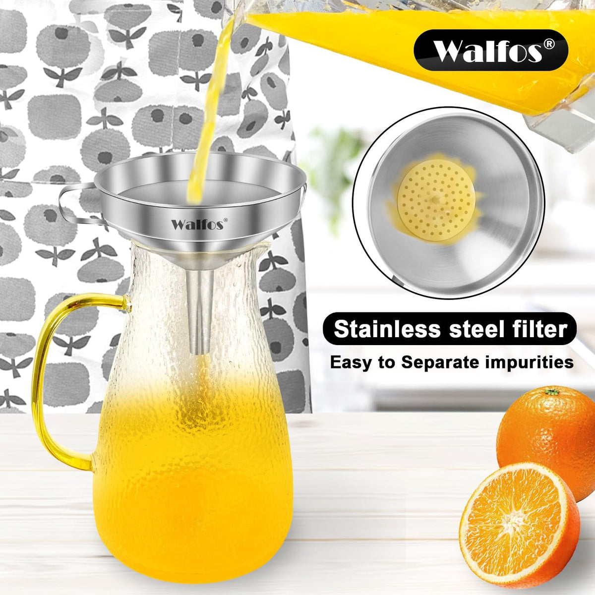 Walfos Extra Large Stainless Steel Funnel with Venting Slot, Kitchen Funnel with 2 Removable