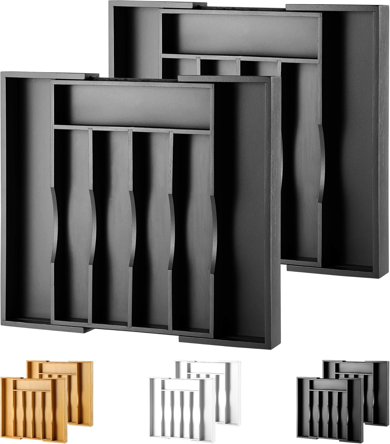 2-Piece Expandable Bamboo Kitchen Drawer Organizer for Cutlery and Utensils, Adjustable Bamboo Wood