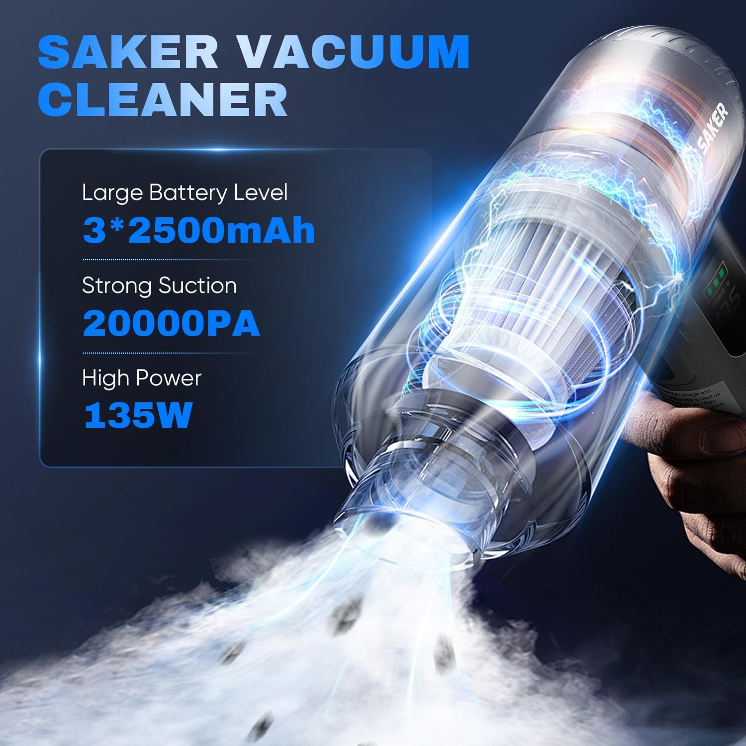 Saker Car Vacuum Portable Cordless 20000Pa Suction Power 4 in 1 Handheld Vacuum&Air Duster with LED