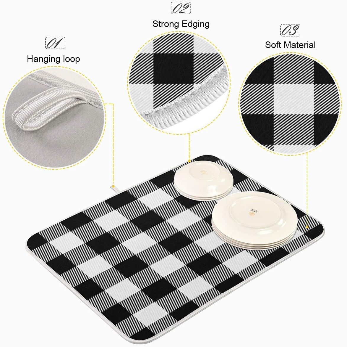 White and Black Buffalo Plaid Dish Drying Mat 16x18 for Kitchen Classic Buffalo Check Dishes Pad