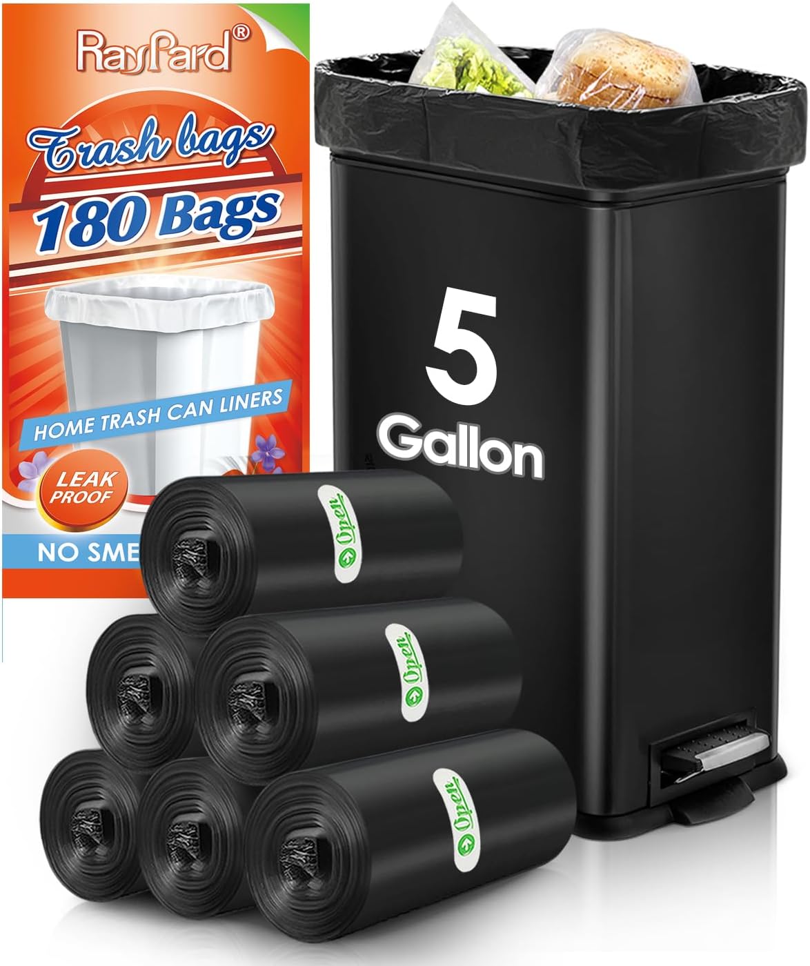 5 Gallon 180 Counts Small Strong Trash Bags Garbage Bags by RayPard, fit 18-20 Liter, 4.5-5,5.3 Gal