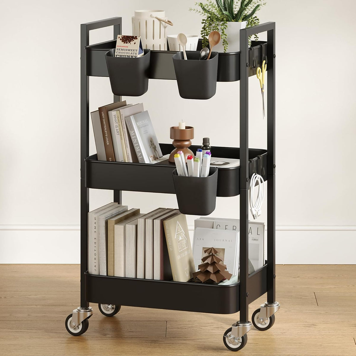 3 Tier Rolling Cart,Utility Cart with Locking Wheels, Hanging Cups & Hooks, Heavy Duty Metal