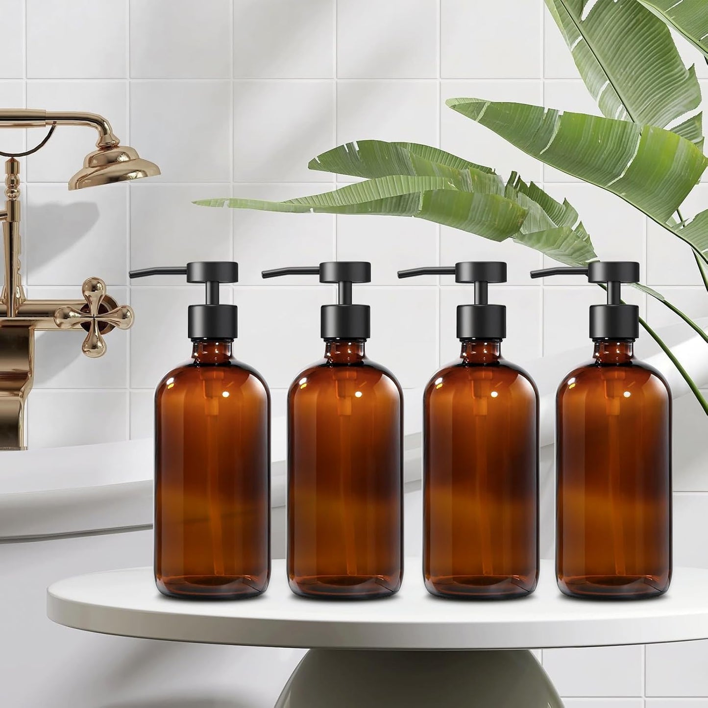 GMISUN Amber Glass Soap Dispenser, 4 Pack Bathroom Hand Soap Dispensers with Stainless Steel Flat