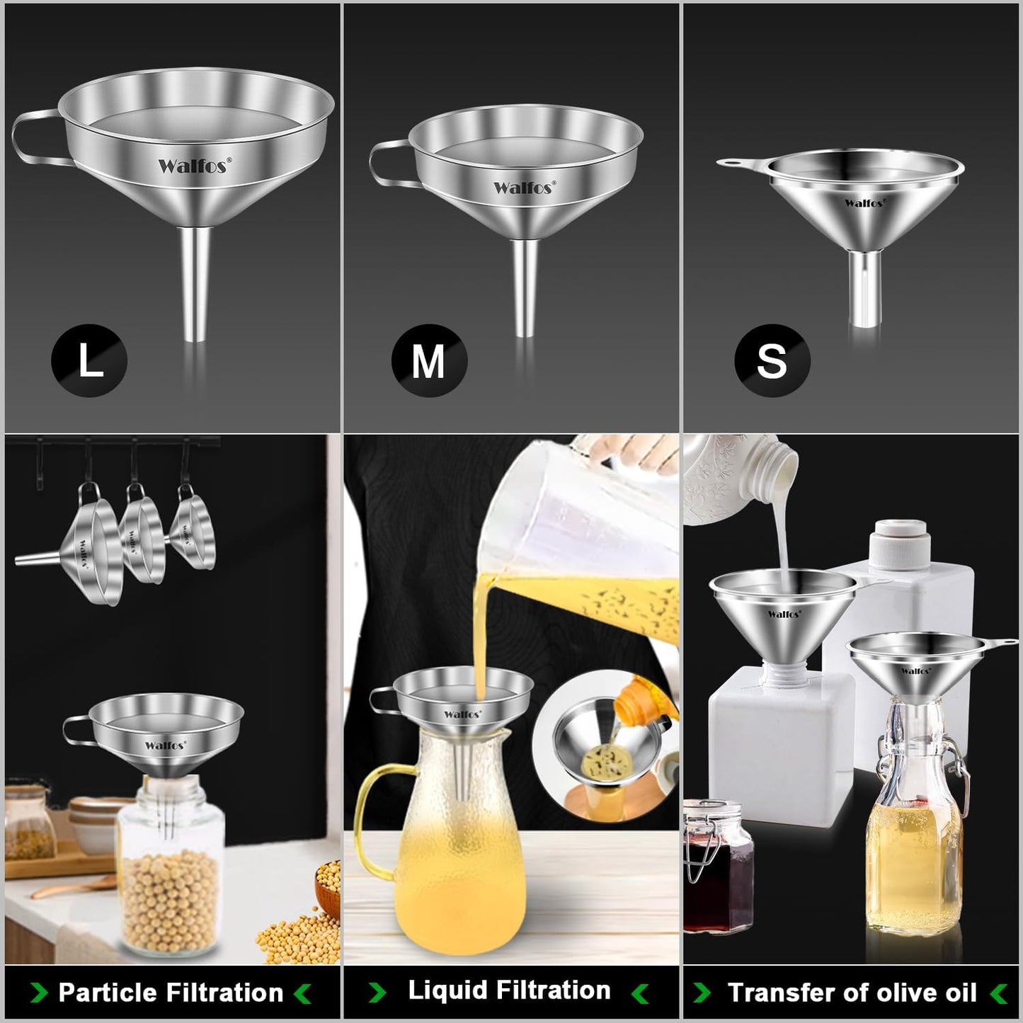Stainless Steel Funnel, Walfos 3 Different Sizes of Kitchen funnels with 2 Removable Strainer ＆
