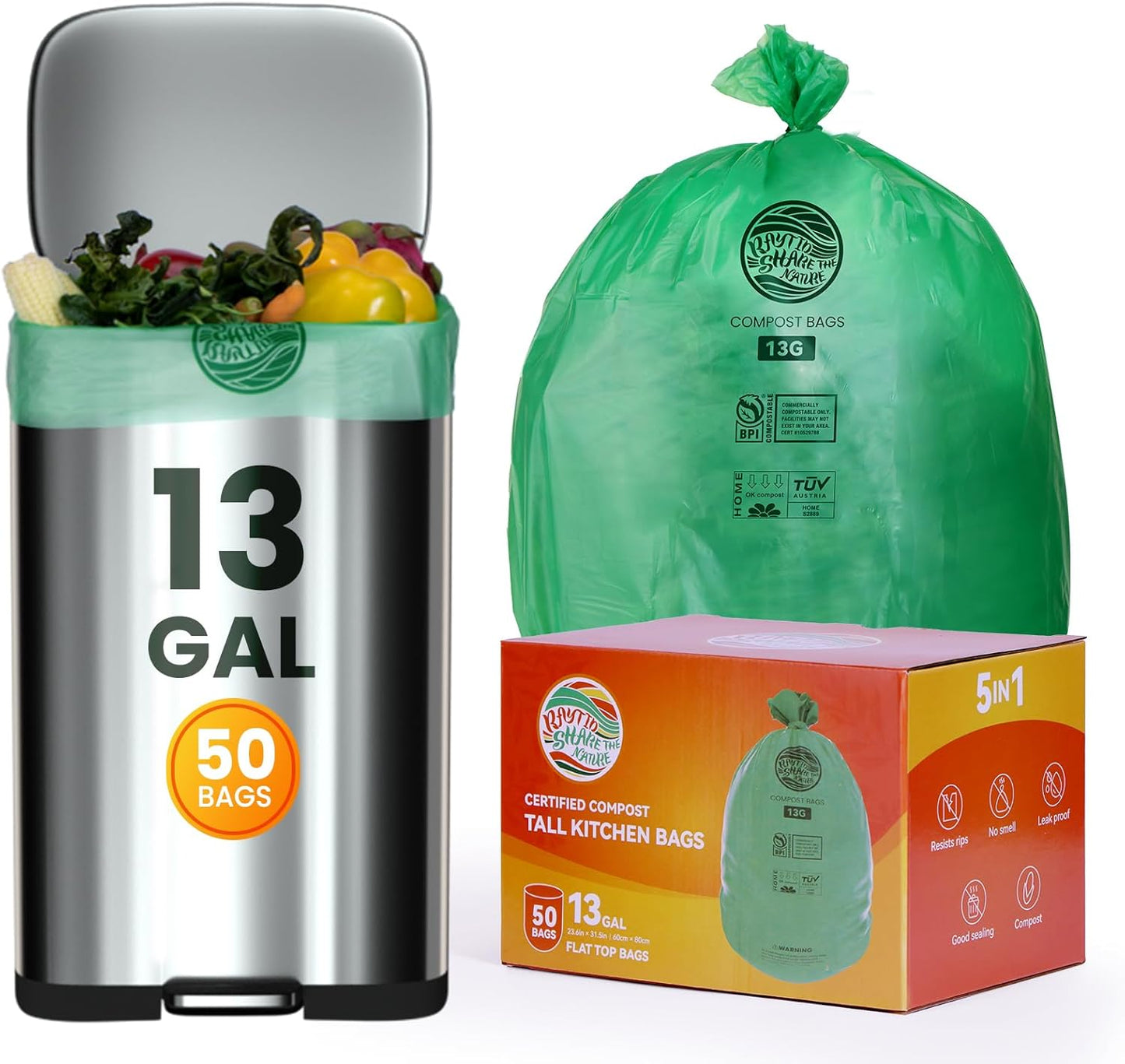 Trash bags 13+ gallon tall kitchen,Compostable Trash Lawn & Leaf Yard Waste Bags,Kitchen Compost