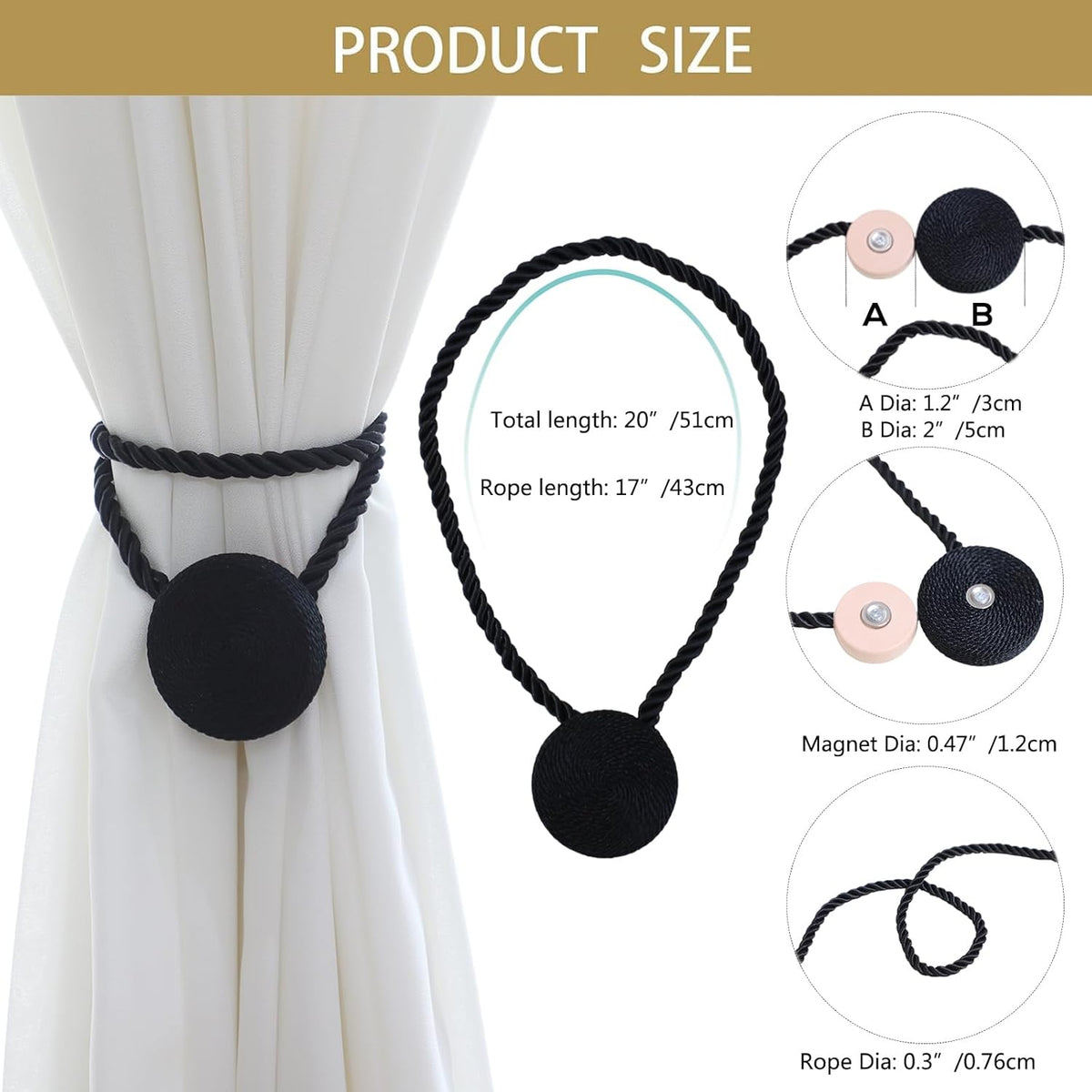 Magnetic Curtain Tiebacks - 12mm Magnetic Tie Backs for Curtains, Heavy Duty No Drill Curtain