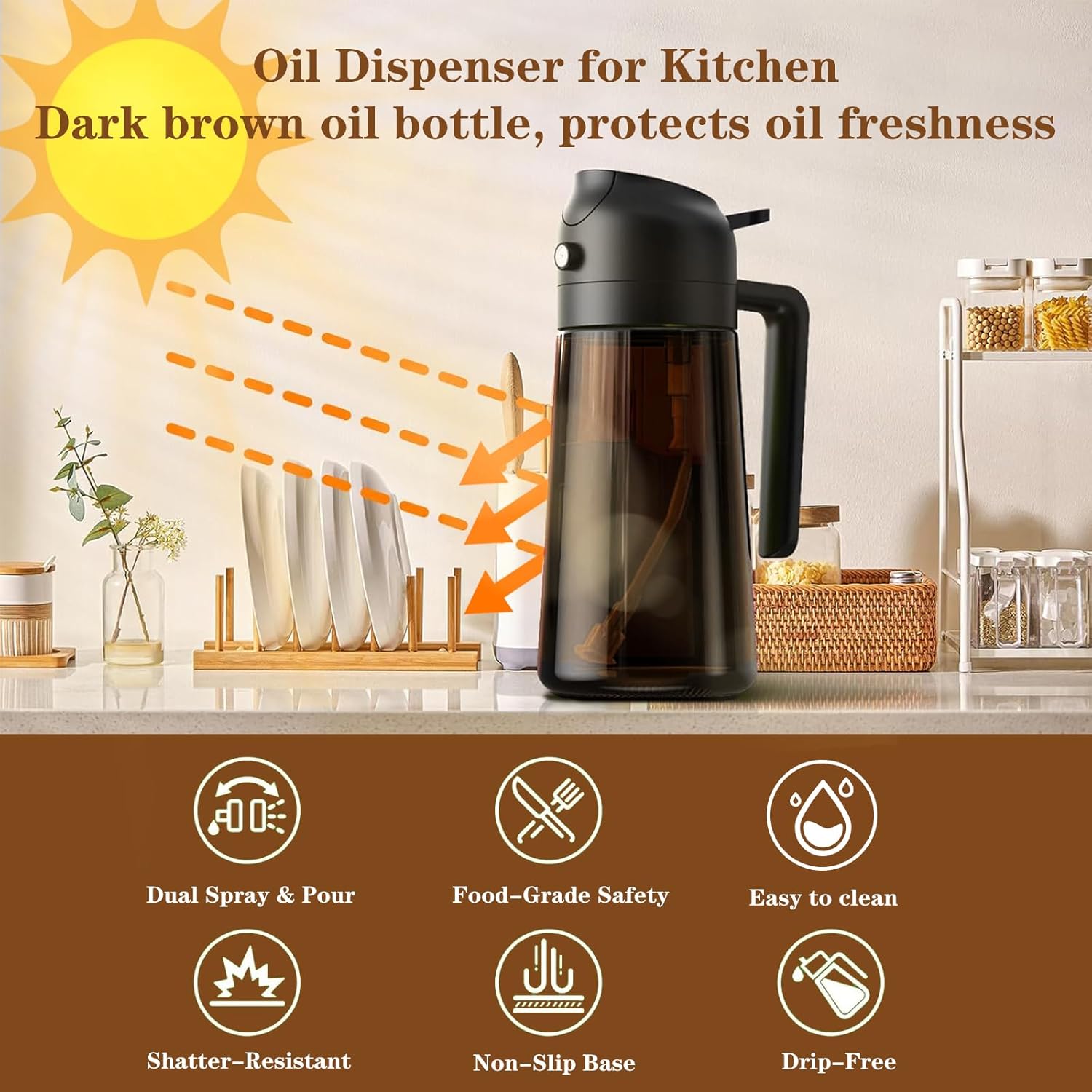 2-in-1 Glass Oil Dispenser & Sprayer - 16oz/470ml Leakproof Olive Oil Sprayer Bottle for Cooking