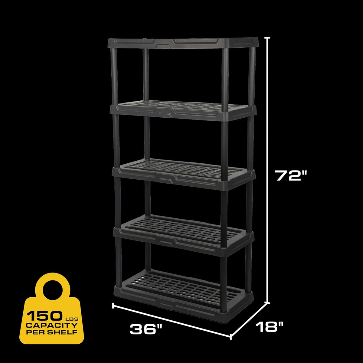CX 5-Tier (72”H x 36”W x 18”D) Plastic Storage Shelving Unit (Black), Heavy Duty, 150lbs Per Shelf