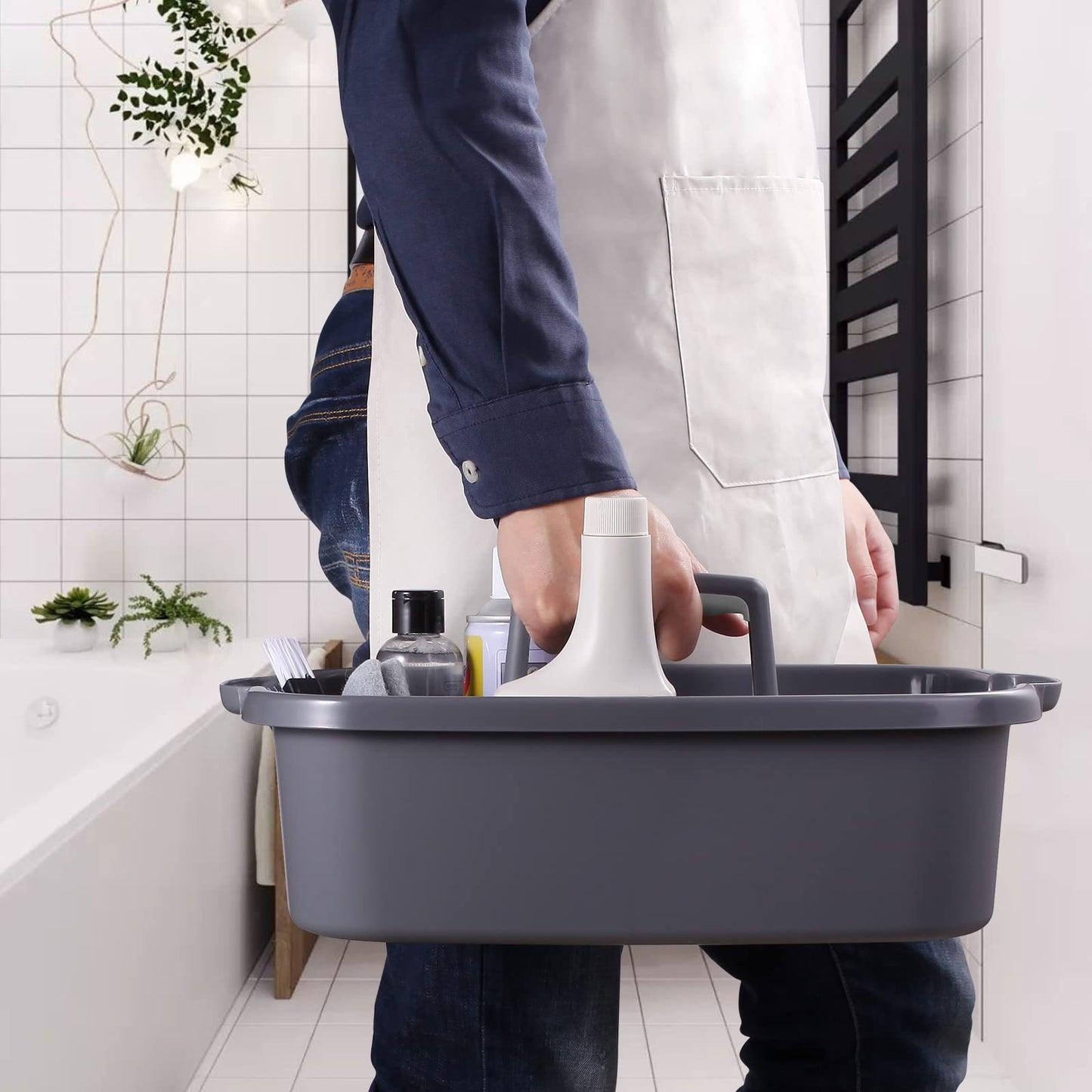 Omirome 2-Pack Large Gray Cleaning Caddy for Cleaning Supplies with Handle - Portable Plastic Tote