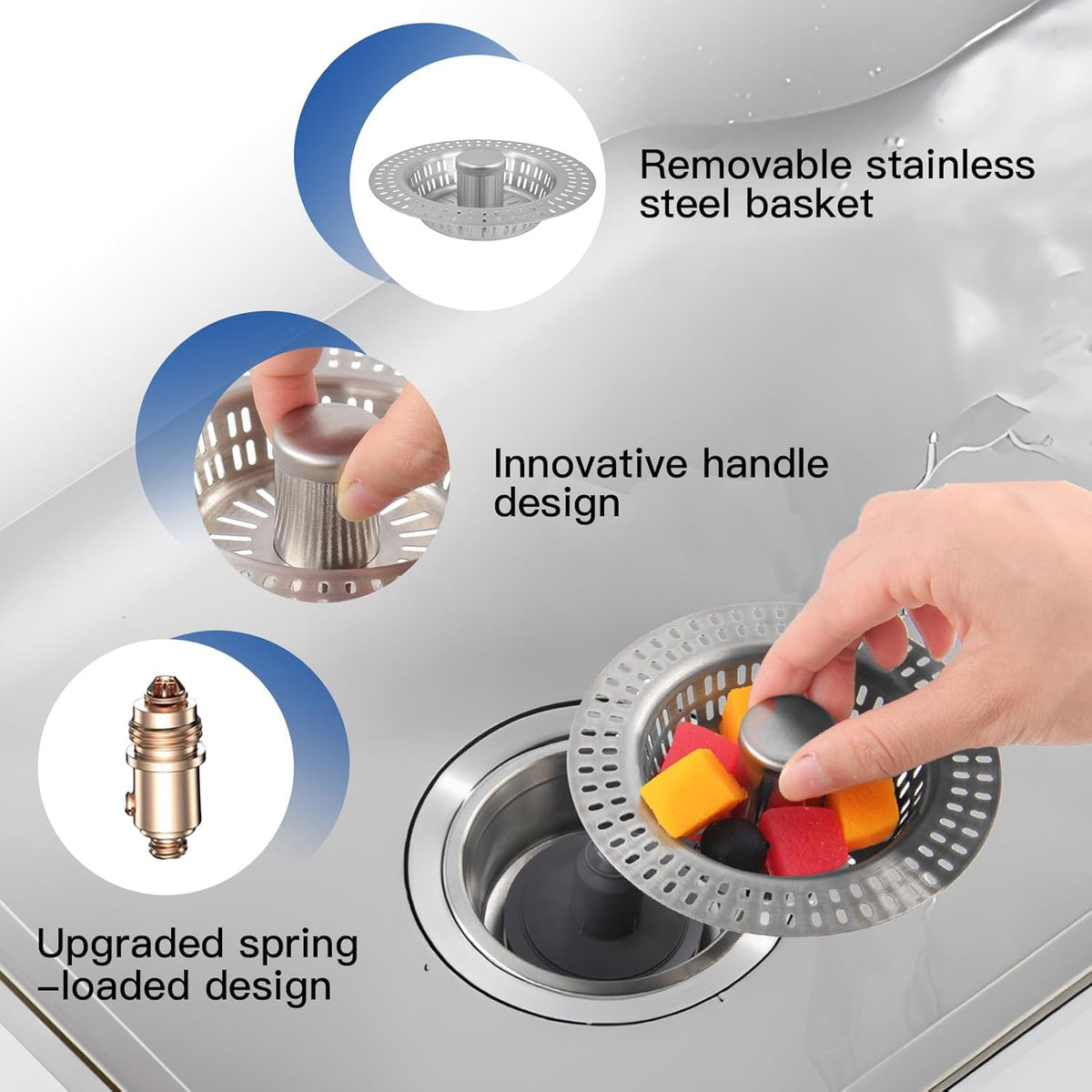 3 in 1 Kitchen Sink Drain Strainer Stopper, Stainless Steel Pop Up Sink Stopper with Anti-Clogging