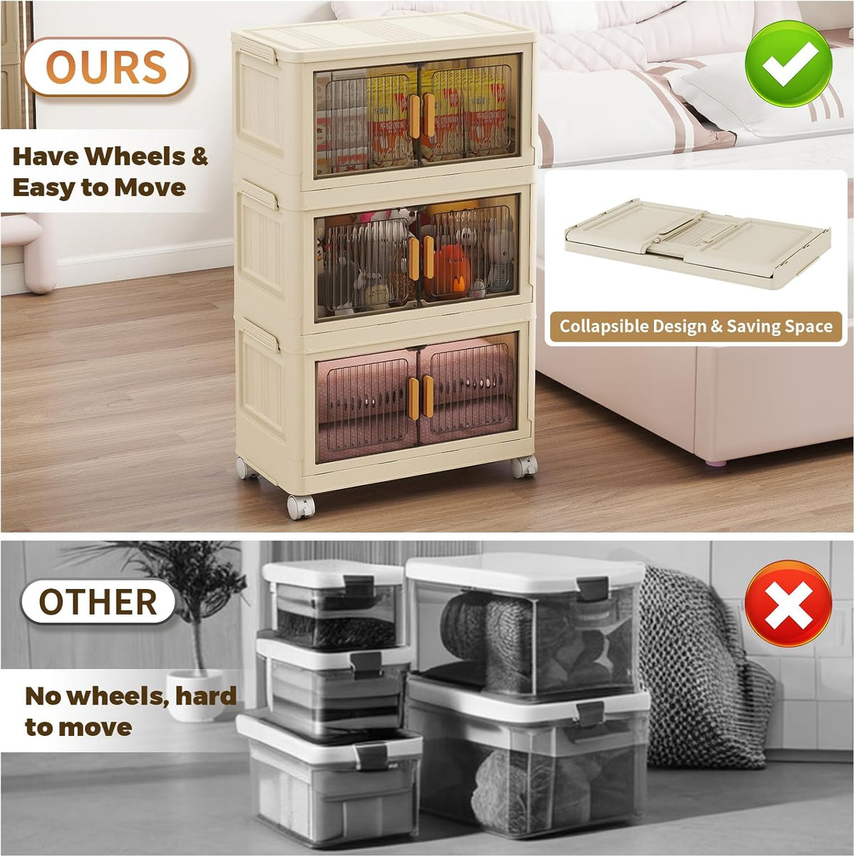 3 Tier Stackable Plastic Storage Bins with Lids 28QT, Collapsible Closet Organizers and Storage