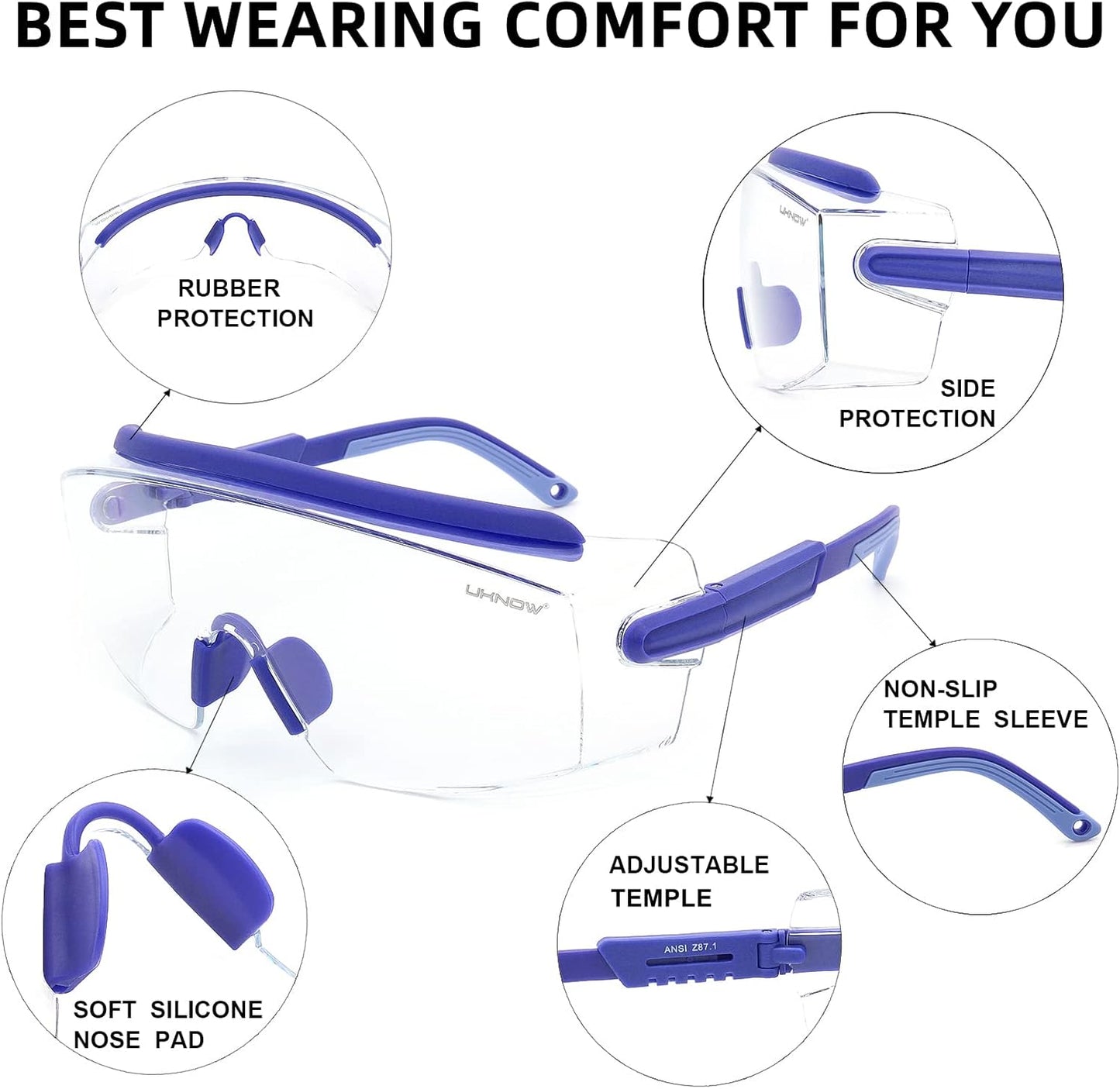 UKNOW Safety Goggles Over Glasses, Safety Glasses Anti Fog Wraparound Eye Protection, Protective