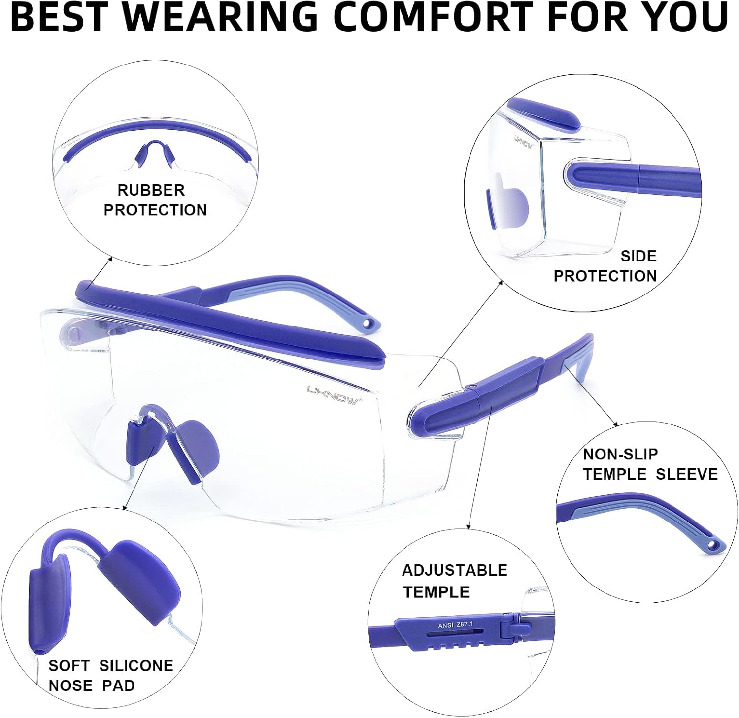 UKNOW Safety Goggles Over Glasses, Safety Glasses Anti Fog Wraparound Eye Protection, Protective