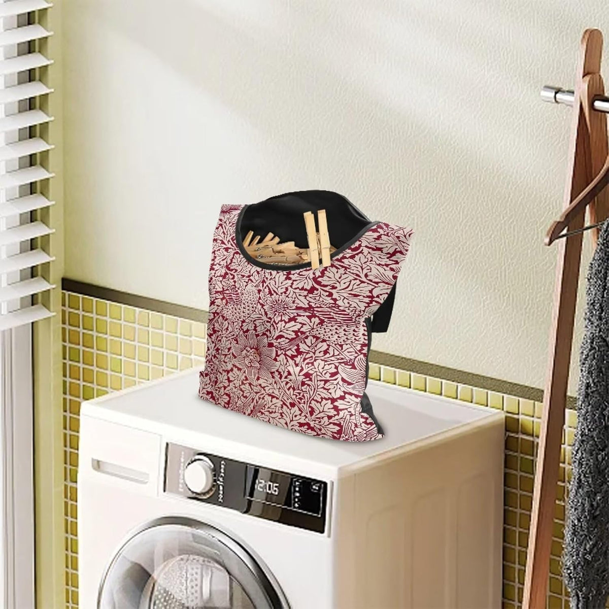 Strength Clothespin Bag 14.5x12 Inches - Vintage Bird Flower Red Print Commercial Quality Storage