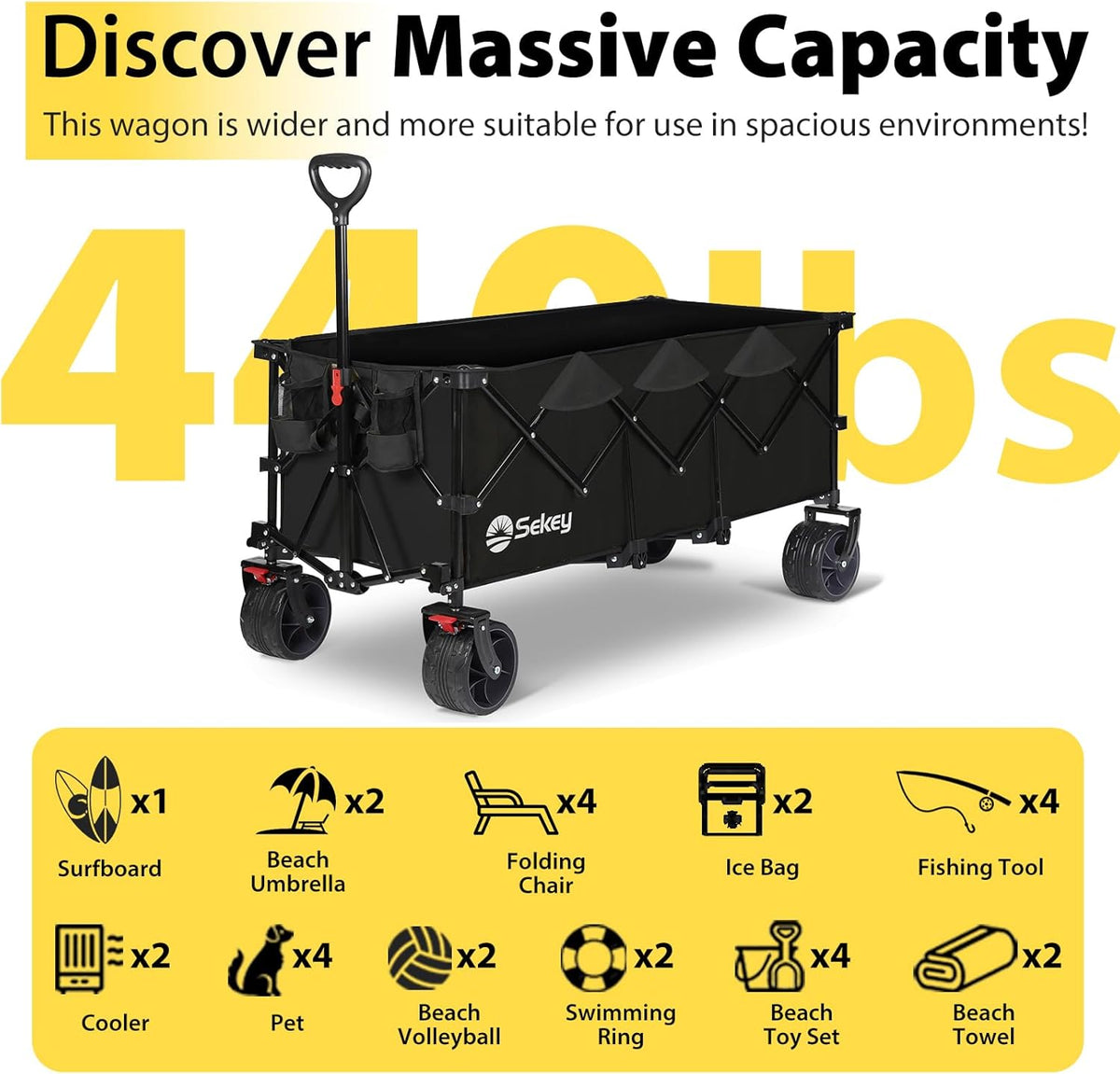 Sekey 48''L Collapsible Foldable Extended Wagon with 440lbs Weight Capacity, Heavy Duty 300L