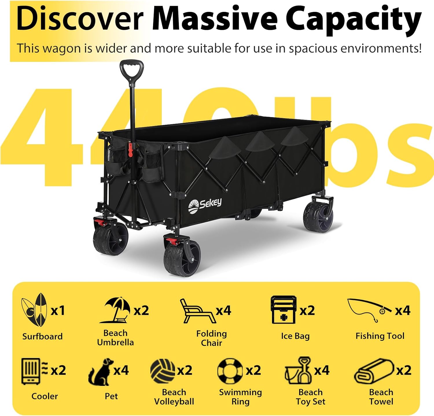 Sekey 48''L Collapsible Foldable Extended Wagon with 440lbs Weight Capacity, Heavy Duty 300L