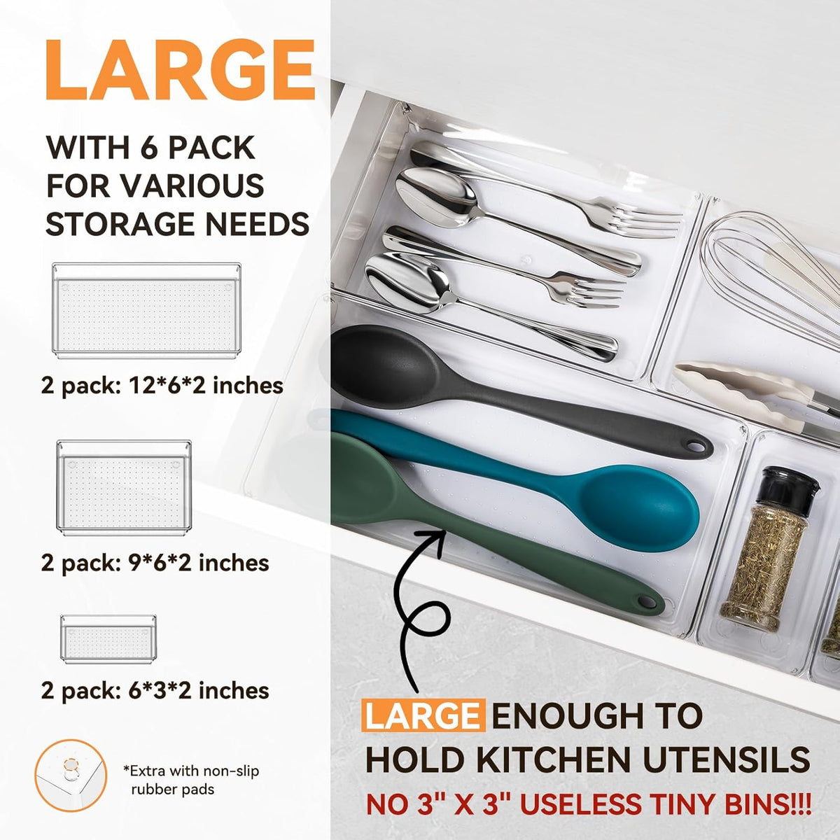 6 Pack Large Clear Plastic Drawer Organizer Trays, Acrylic Kitchen Drawer Organization and Storage